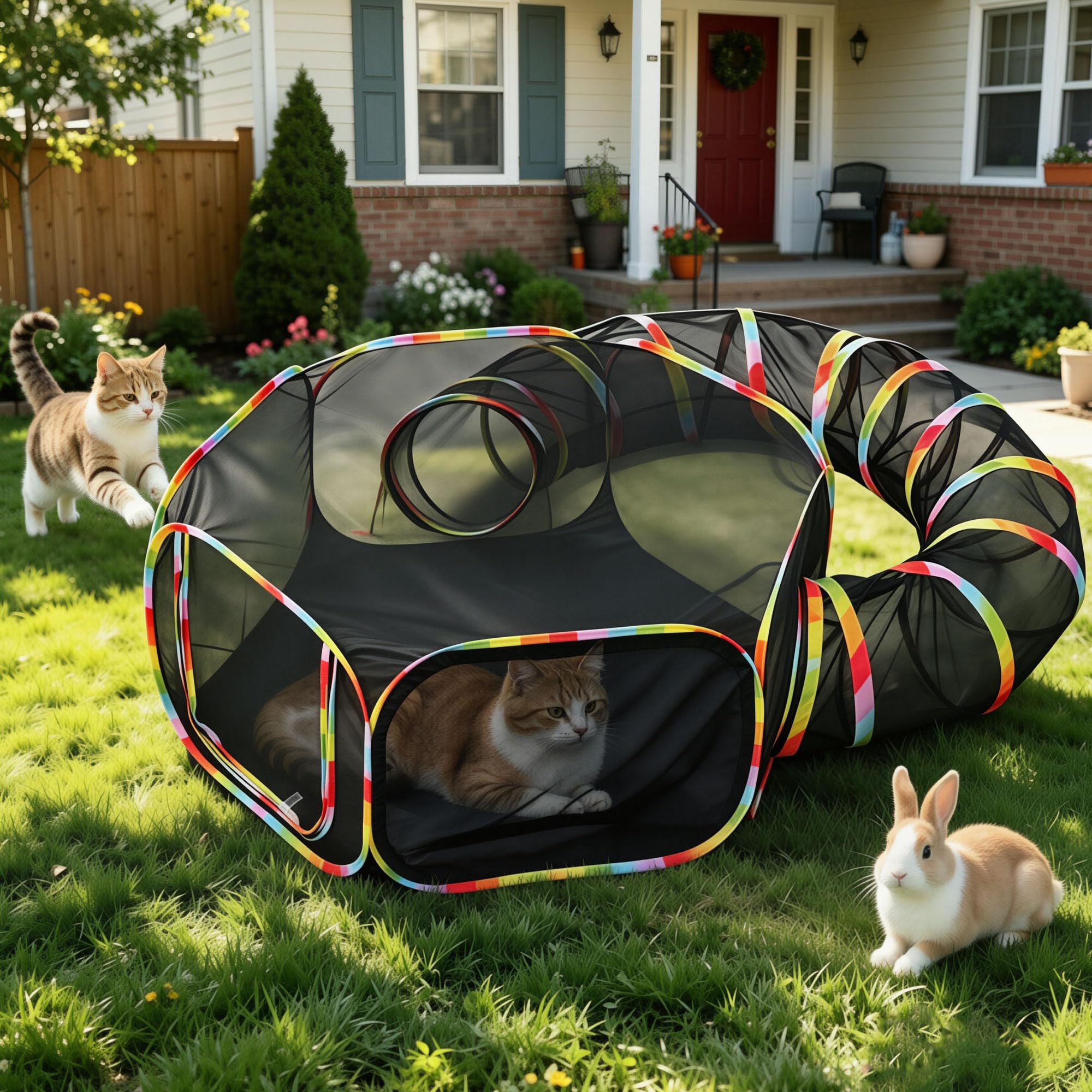 2 in 1 Katzentunnel & Zelt, Faltbare Mesh Outdoor Katzengehege, Katzenlaufstall für Katzen, Kaninchen, Hamster, Meerschweinchen & Kleintiere