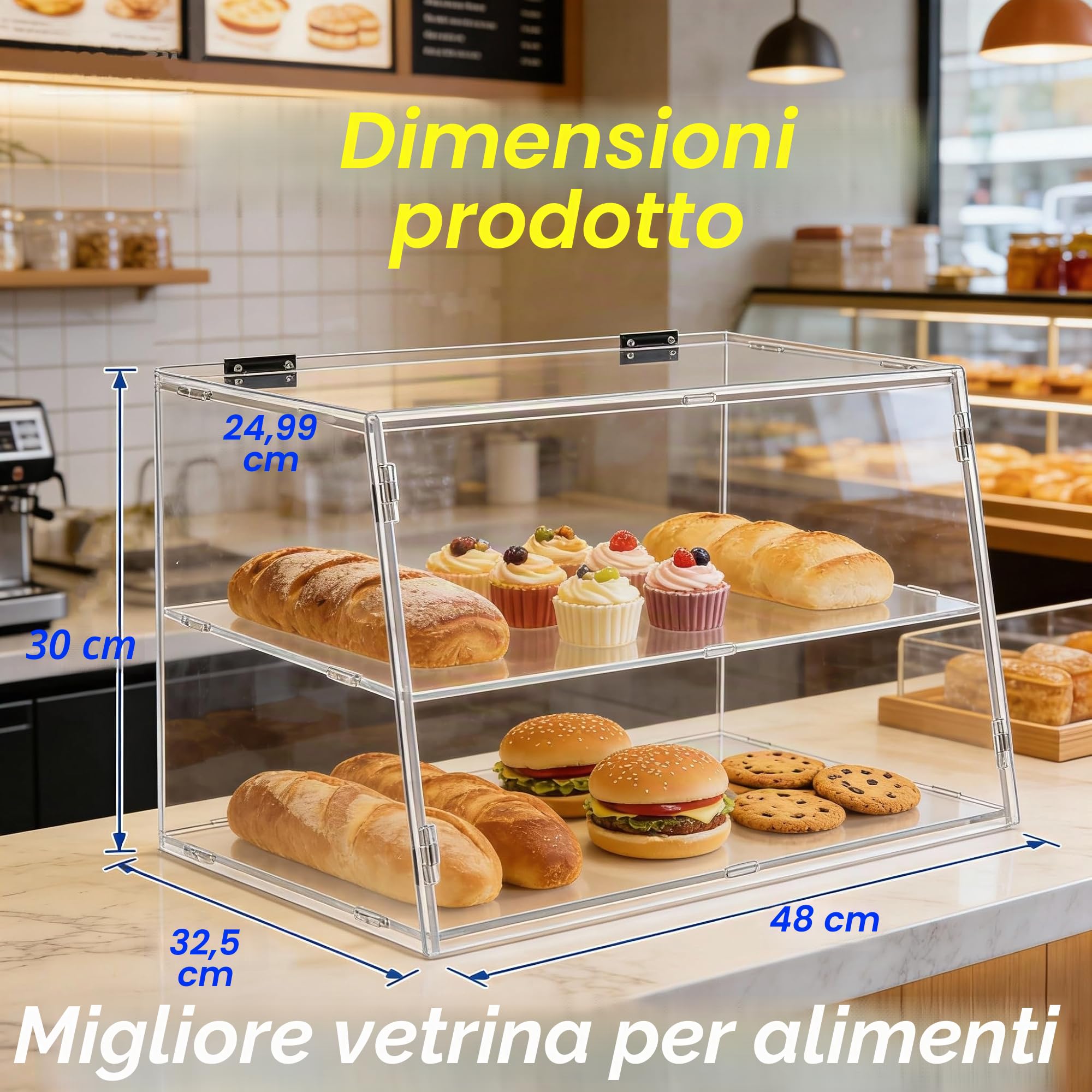Vetrina a 2 ripiani per panetteria con sportello posteriore di sollevamento, vetrina per pasticceria, piano di lavoro da cucina, vetrina per alimenti in acrilico trasparente, mantiene freschi