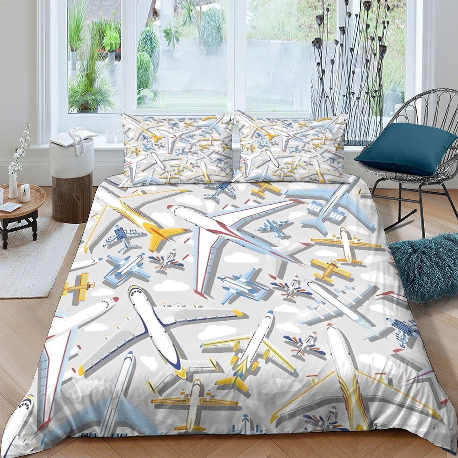 Ctjqhvkz Style-3 3D Printed Airplane Pattern Fitted Sheet Microfiber Soft Breathable Aircraft Bed Cover Anti-Slip Machine Washable For Bedroom Dorm Room Single（135X200cm）