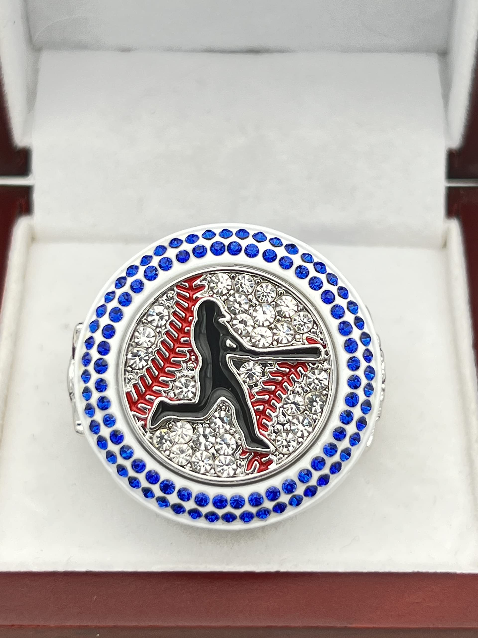 Discount Sports Rings Deluxe Batter Ring, WHITE FINALIST BLUE STONES, Premium Softball Baseball Tournament Rings 28-06