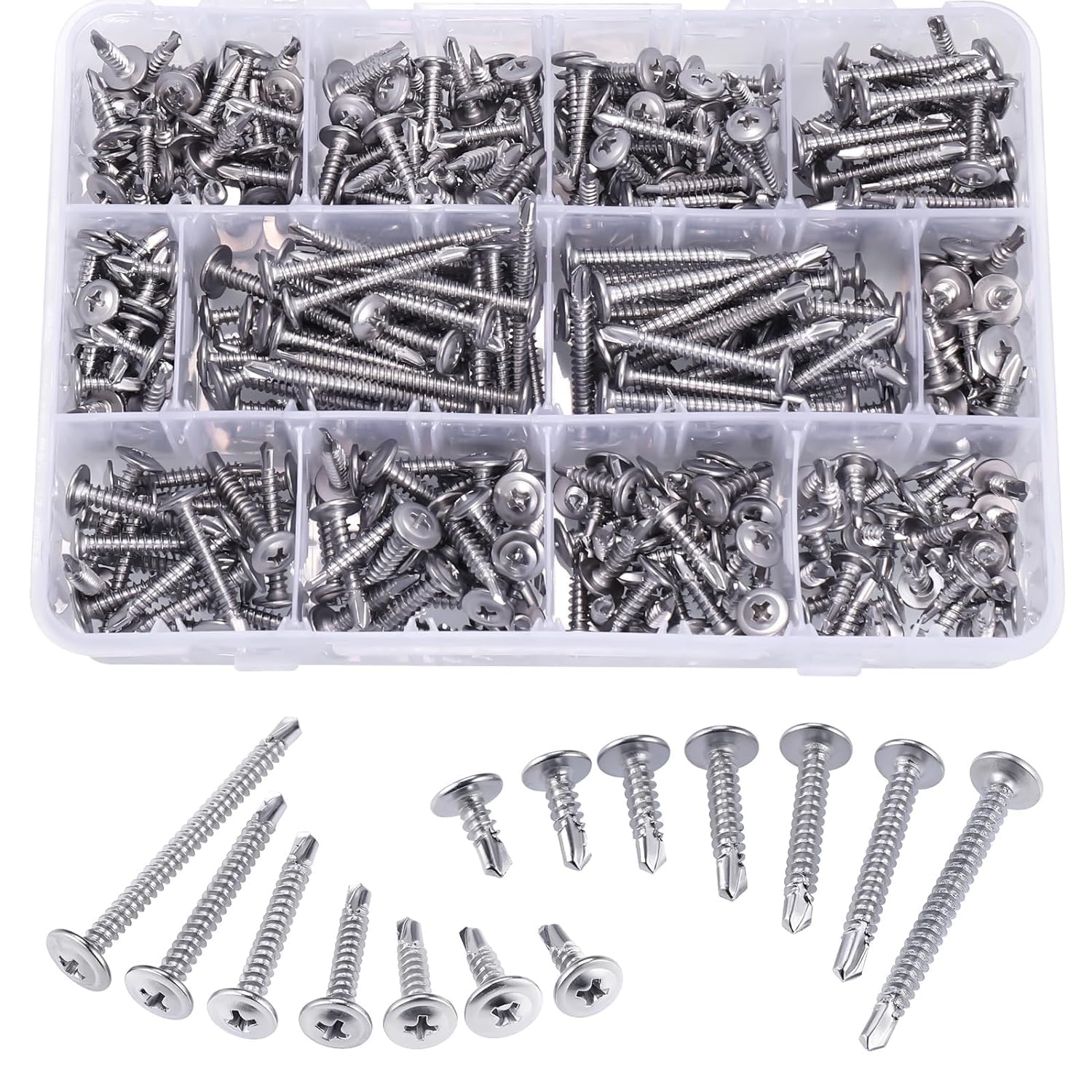 400PCS Self Tapping Screws for Metal - 410 Stainless Steel Sheet Metal Screws Assortment Kit, Self-Tapping Screws Set, Assorted Self Drilling Screws #8#10, Truss Head TEK Screws, Length 1/2" to 2''