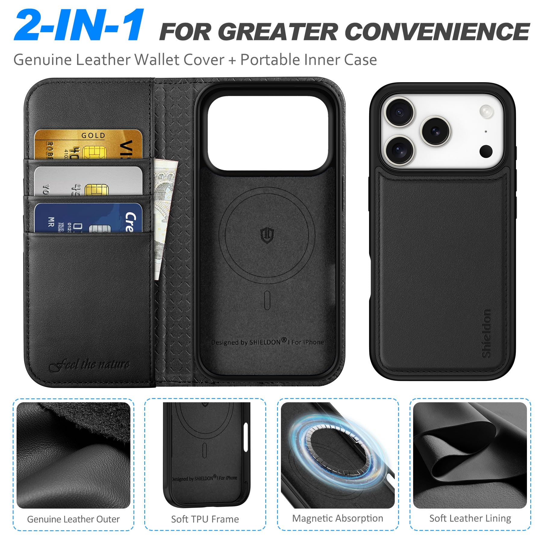 SHIELDON Hülle für iPhone 17 Pro 6,3" 2025, Echtleder Handyhülle [Abnehmbar] [Kabelloses Laden] [3 Kartenfach] [Ständer] [RFID Blocker] [Handy-Ösen] 2 IN 1 Magnet Klapphülle - Schwarz