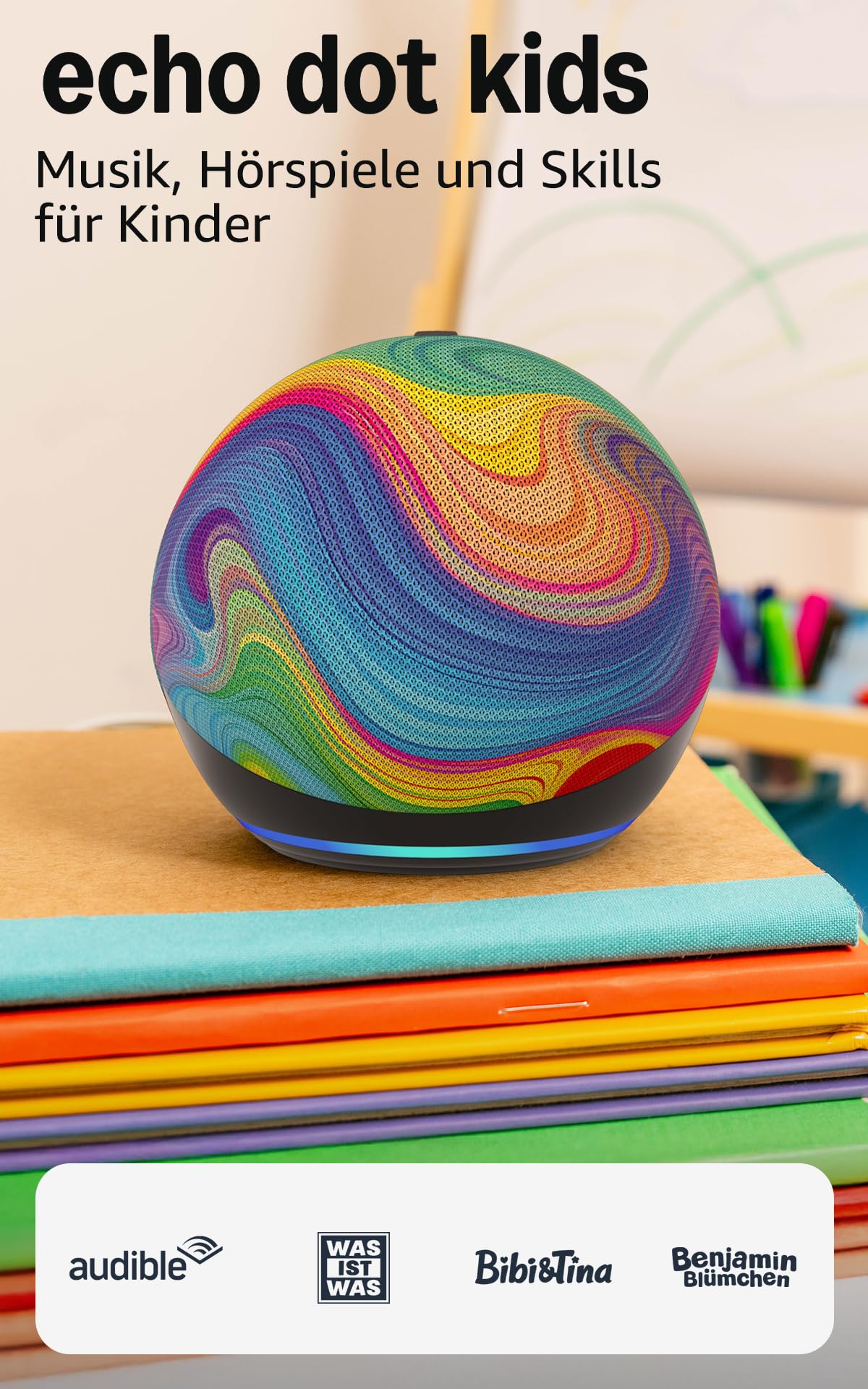 Echo Dot Kids (newest gen) | Wi-Fi and Bluetooth smart speaker with Alexa | With 1 year of Amazon Kids+ content | Rainbow Swirl