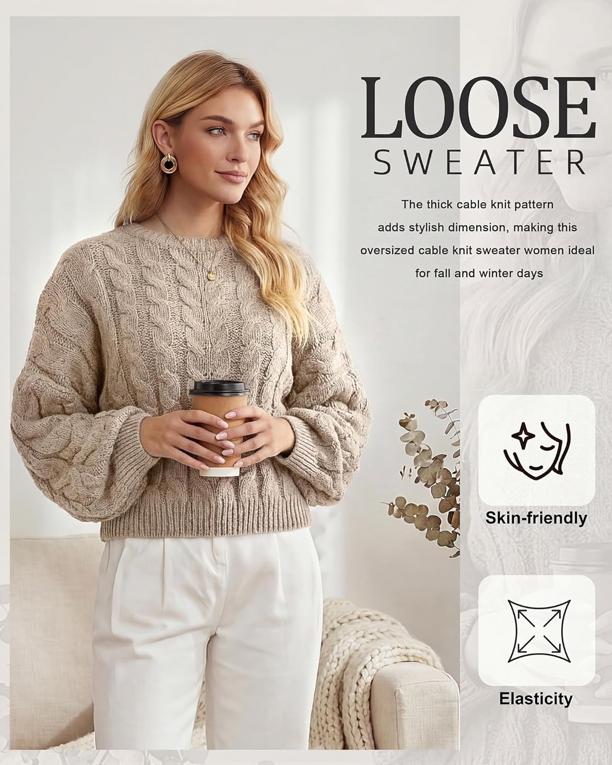 Women Oversized Cable Knit Sweater 2025 Long Sleeve Chunky Sweater Crewneck Loose Fit Pullover Fall Winter Outfit - Image 4