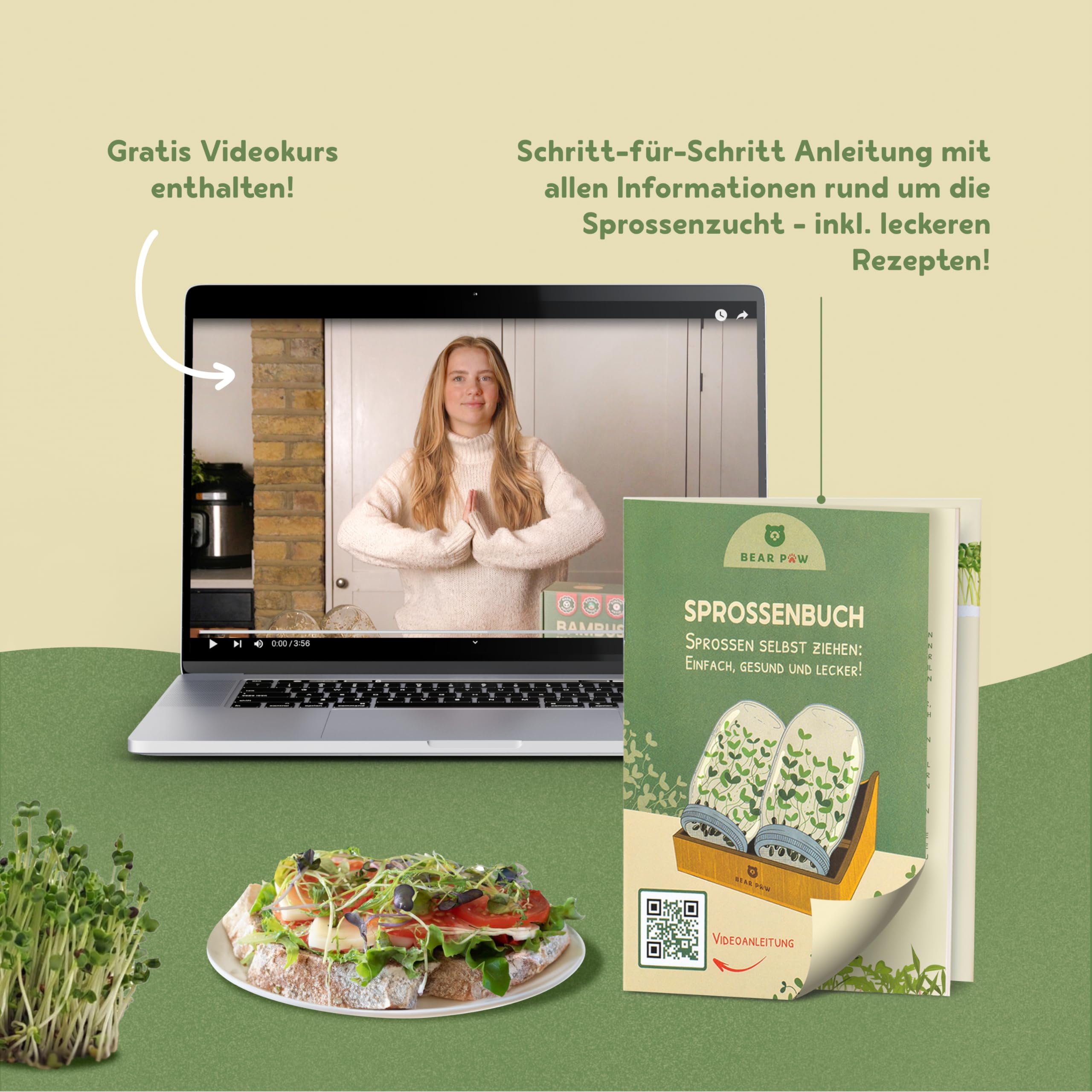 BEAR PAW® Sprossenglas 2er Set - 1000ml Keimglas für Sprossen Keimlinge - (inkl. Bambushalterung, Abdunklungshüllen, Gratis Videokurs, Sprossenbuch) - Sprossenglas Keimglas Set - Sprossen Keimgerät