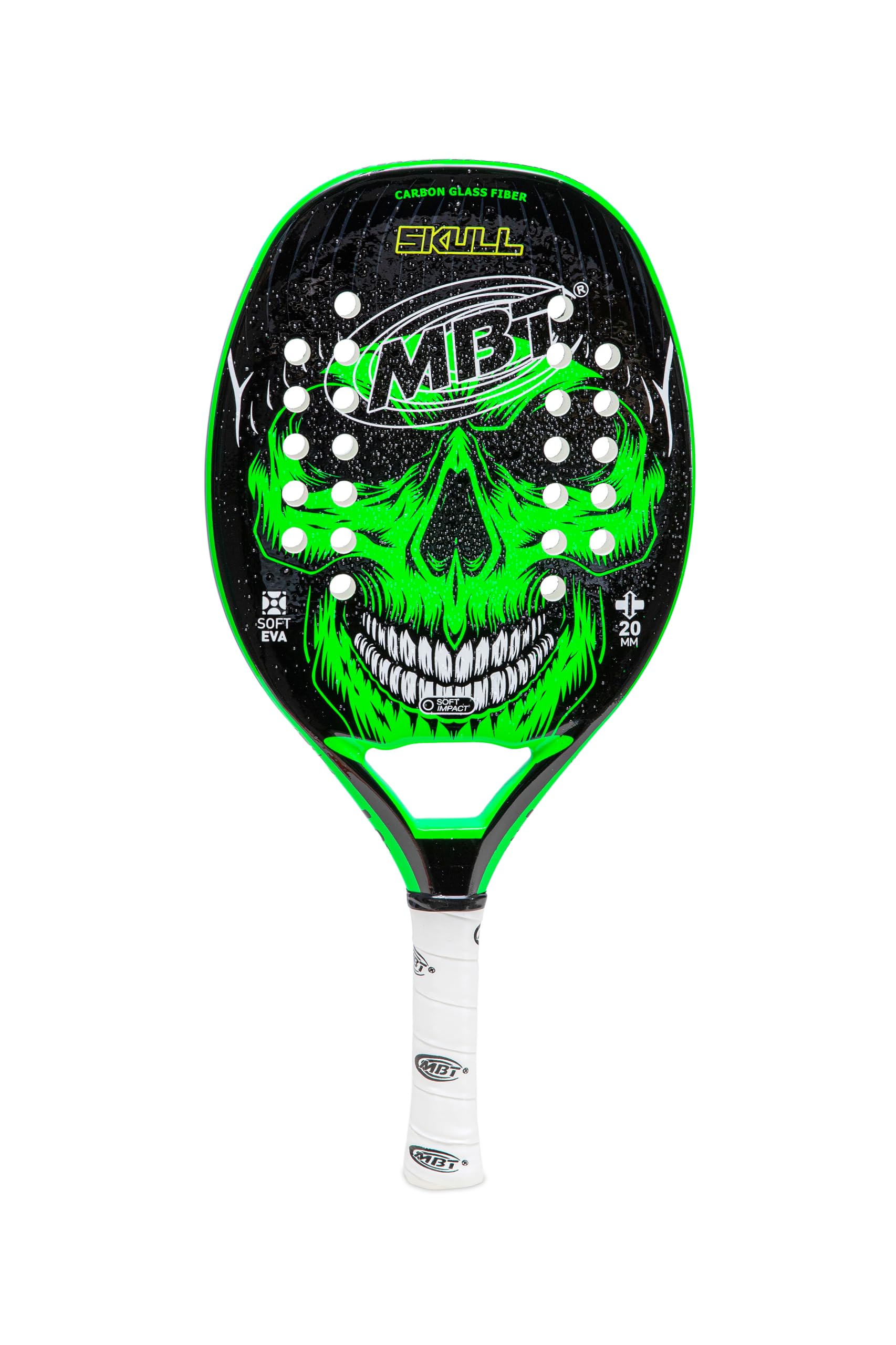 MBT SKULL Racchetta Beach Tennis Carbonio Fibra di Vetro Superficie ruvida Eva Soft Profilo 20 mm Custodia inclusa