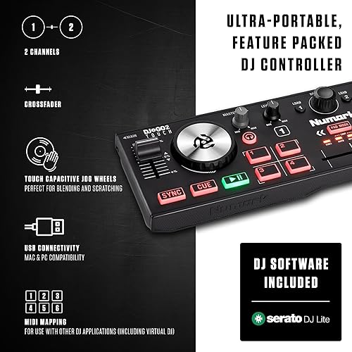 Miniatura 10 de Paquete de controlador DJ y DMX - Controlador de DJ con 2 cubiertas, interfaz DMX y Serato DJ Lite - Numark DJ2GO2 Touch & SoundSwitch Micro DMX