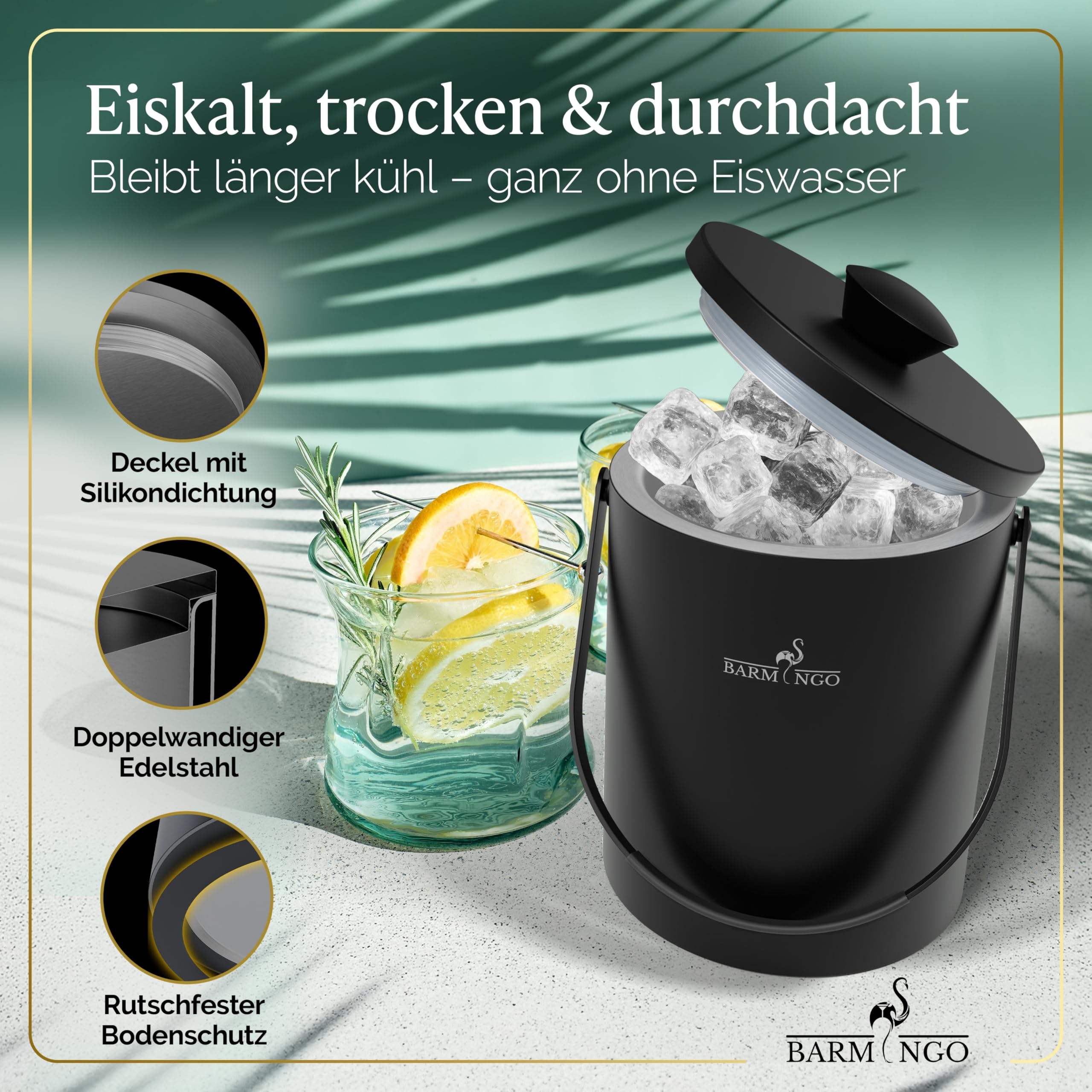 Edelstahl Eiswürfelbehälter mit Deckel - 2l Eiskübel/Eisbehälter für Eiswürfel mit Sieb, Eiswürfelform und Zange | Eiseimer doppelwandig, isoliert, BPA-frei
