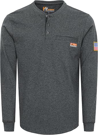 VATRENUS Mens FR Shirt 6oz Henley Work Tees Utility Pocket CAT2 100%Cotton | Flame Resistant Midweight Comfortable Shirt|Relaxed Fit Pre-Washed NFPA2112 Adjustable Cuffs Long Sleeve UL Label