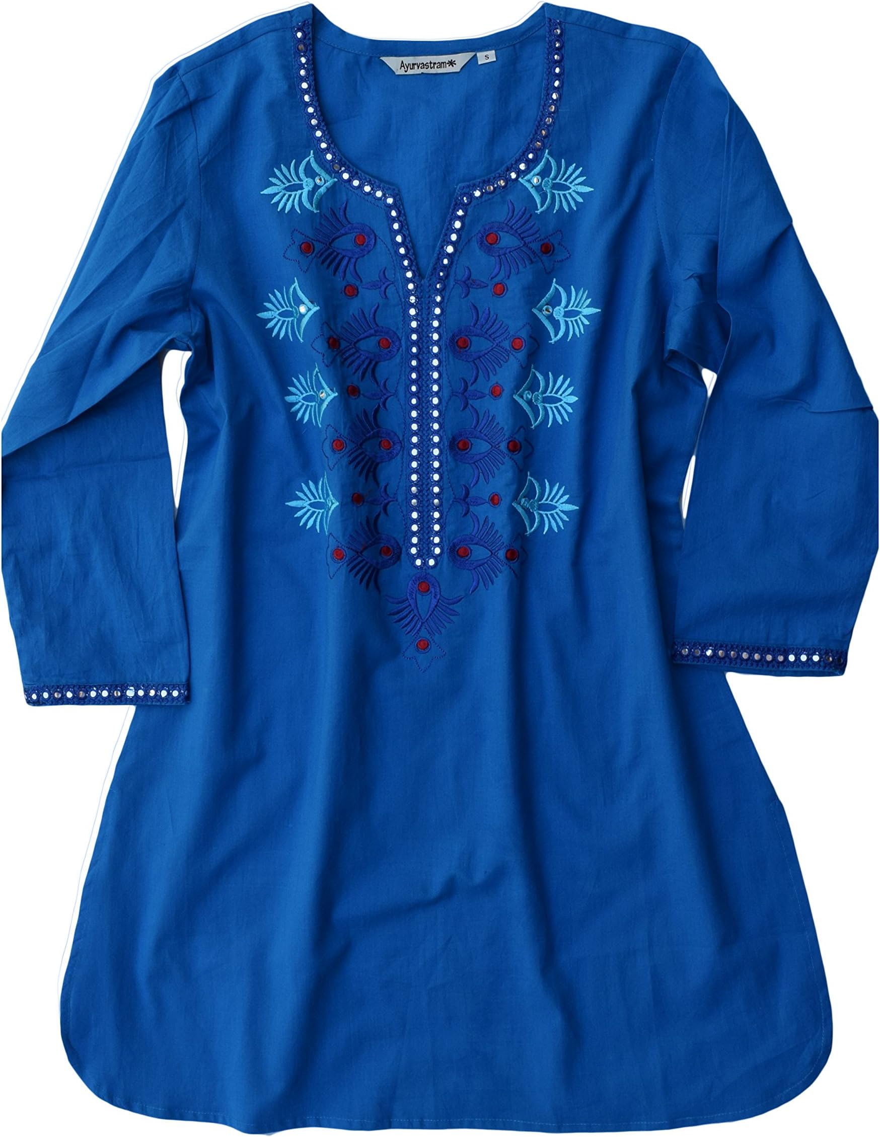 Ayurvastram Ivy Pure Cotton, Embroidered Tunic, Top, Kurti: Blue: Sz XS
