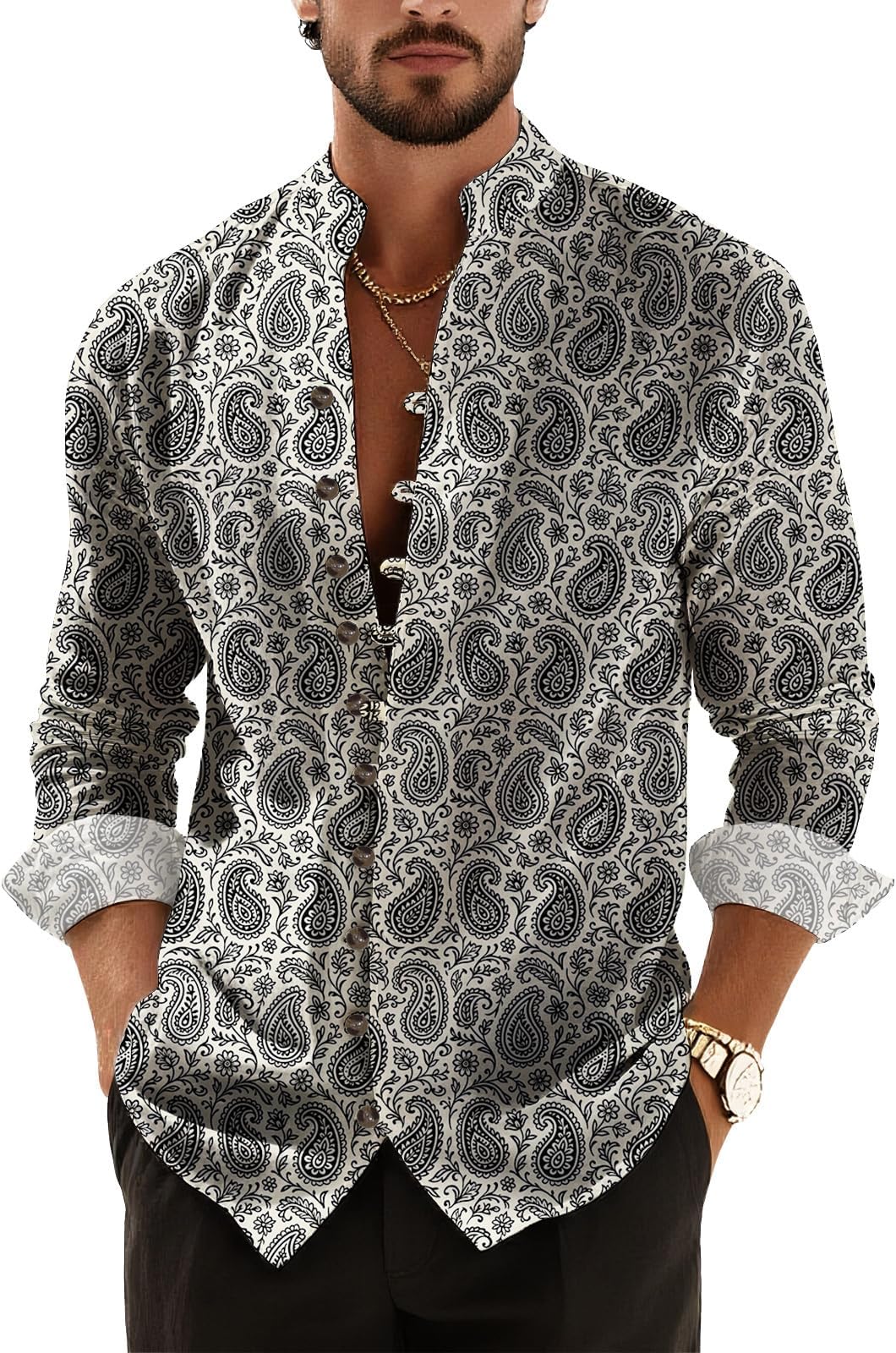 Men's Button Down Shirts Rolled Long Sleeve Paisley Pattern Full Button Collared Vintage Casual Outfits