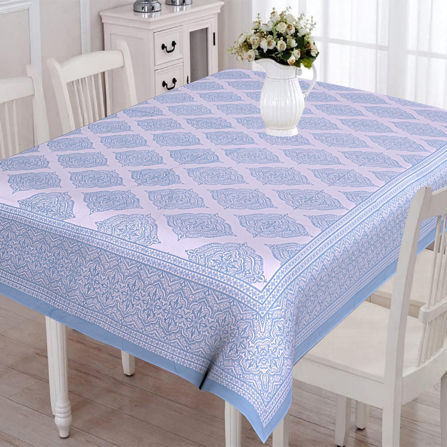 go texstylers 100% cotton cloth for 6 seater rectangular dining table | decorative jaipuri table cover for centre & kitchen tables (60 x 90 inches / 152 x 228 cm, light blue boota)