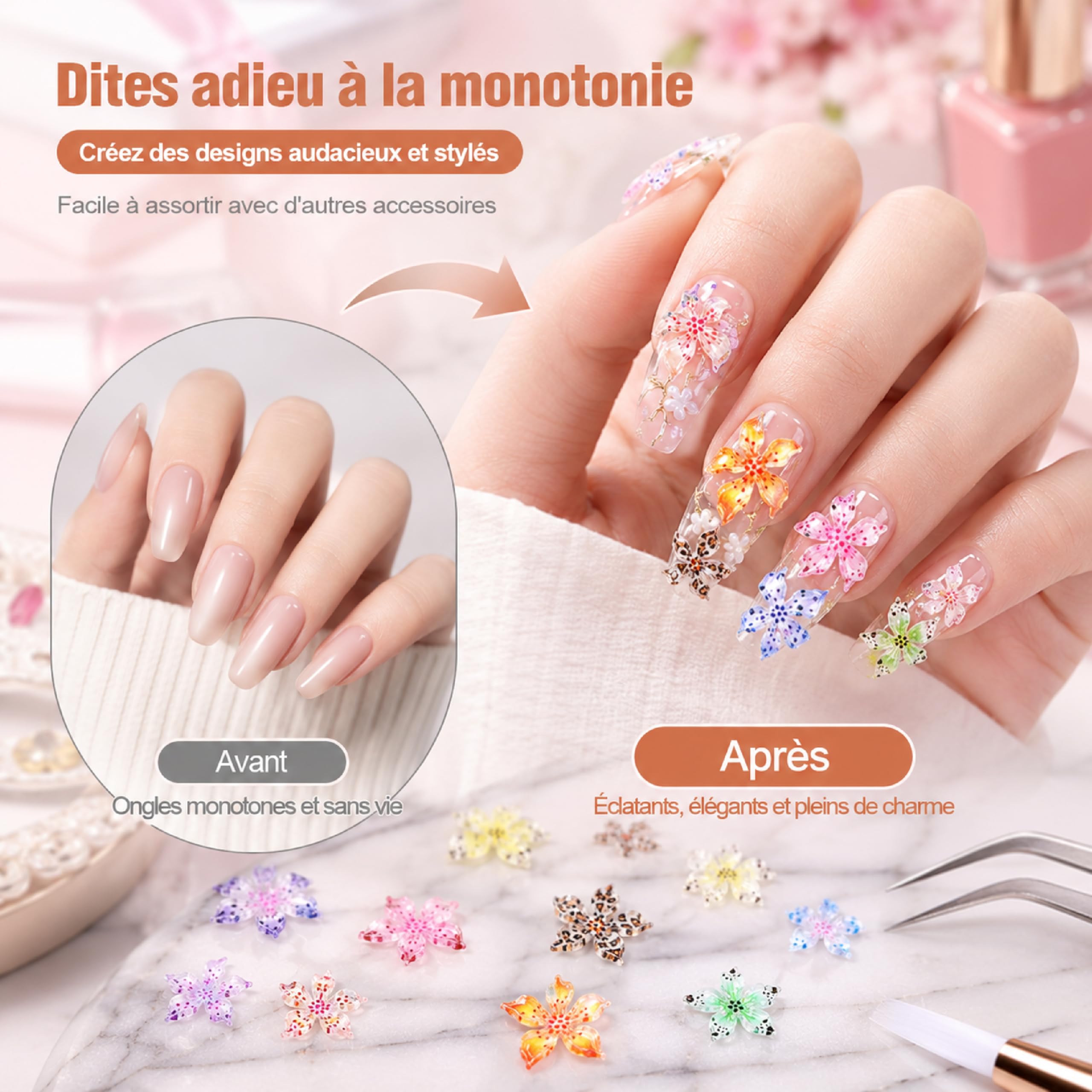 Zestaw 60 sztuk 3D Flower Charms, zawieszki do paznokci w kształcie kwiatów, ozdoby kwiatowe do paznokci, do dekoracji manicure i kreacji