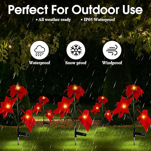 Miniatura 4 de VIHOSE Paquete de 6 luces solares de flores de Navidad para decoración al aire libre, luces solares de flor de pascua, luces LED de simulación para