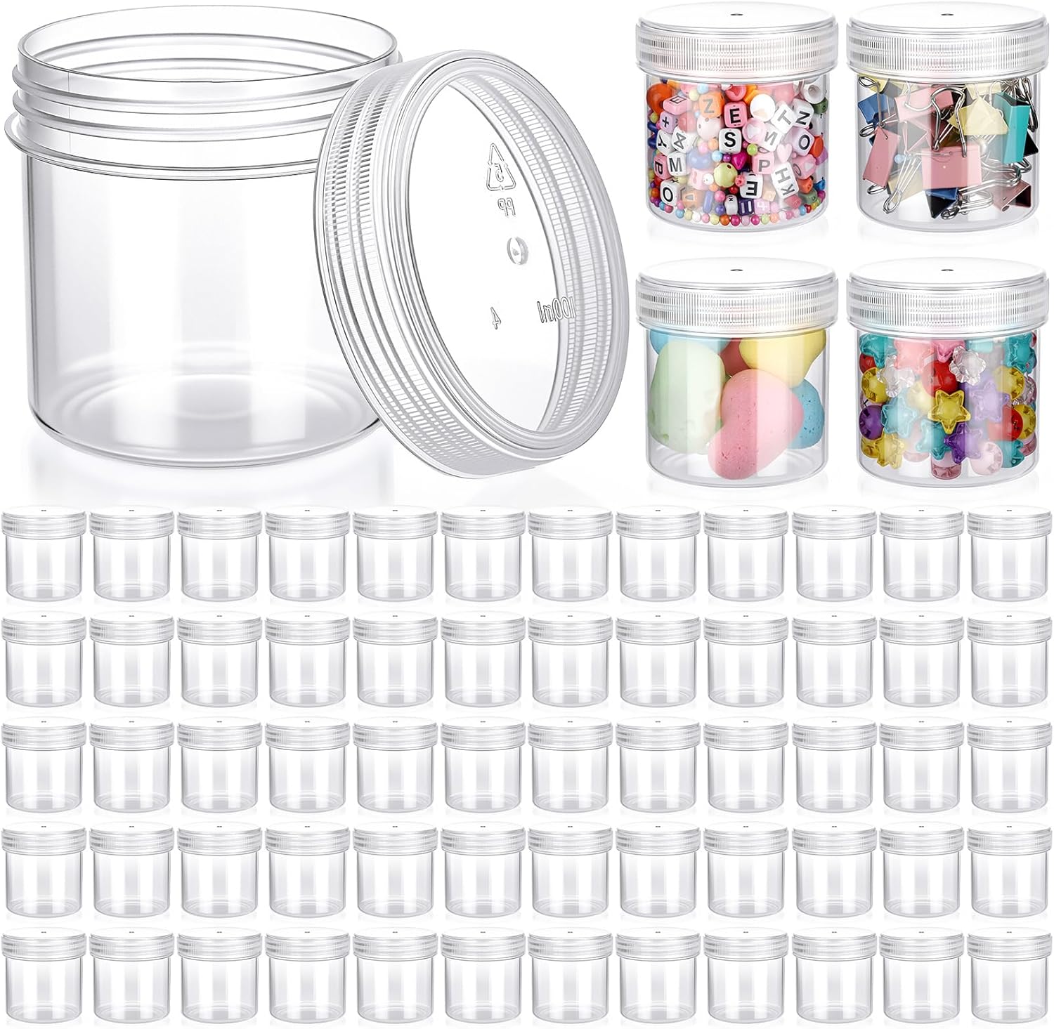 Meanplan 100 Pcs 3.4 oz Plastic Container Jars with Lids Round Leak Proof Refillable Small Cosmetic Jars for Lotion, Cream, Makeup, Eye Shadow, Rhinestone, Samples, Pot, Travel Storage(Clear)