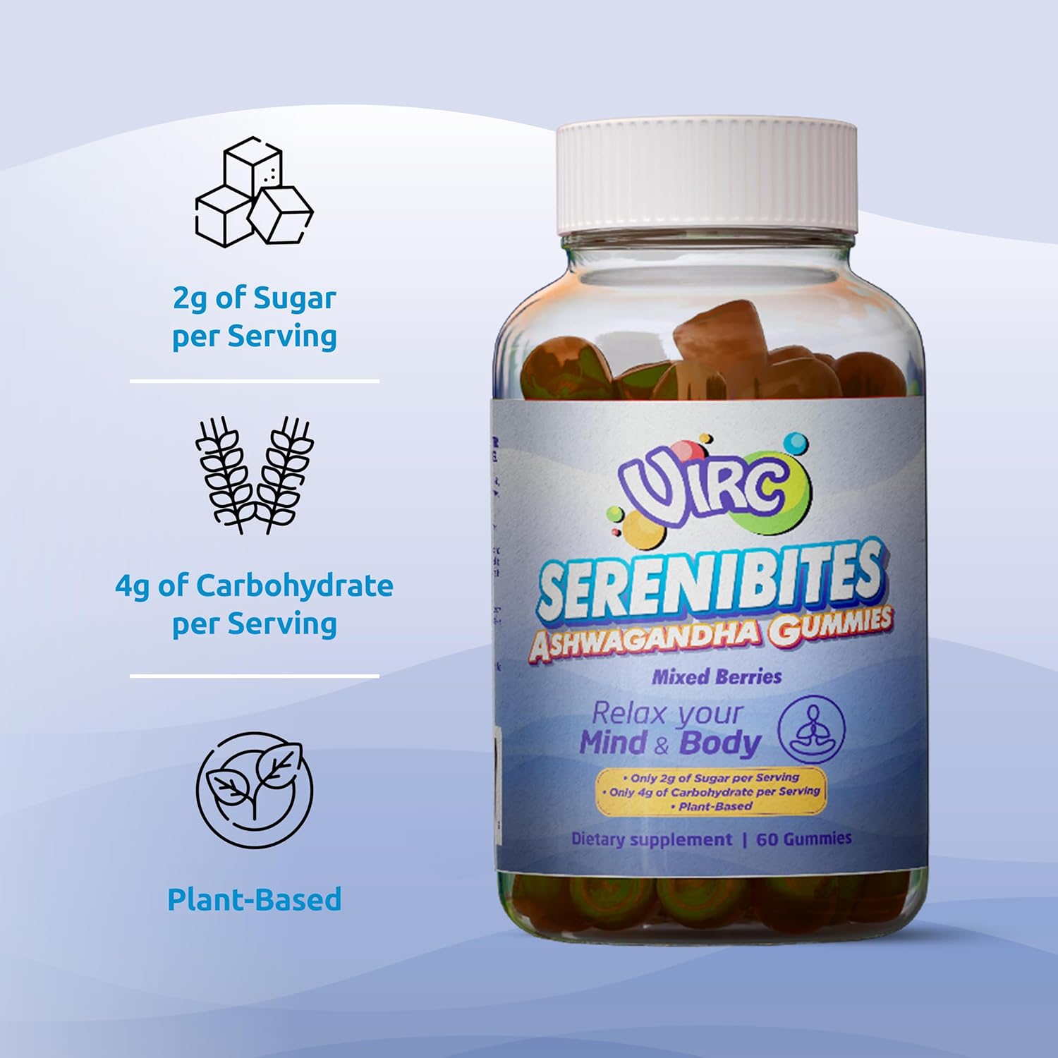 VIRC Ashwagandha Gummies 60 – Plant-Based, Low-Sugar, Mixed Berries Flavor for Daily Energy & Immune Support – Certified Vegan Dietary Supplement – Registered Facility – Non-GMO, Gluten-Nut-Free - Image 3