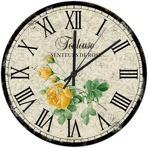 Reloj colgante de rosas amarillas vintage de 10 pulgadas, reloj de pared de madera, silencioso, sin tictac, funciona con pilas, estilo rústico,