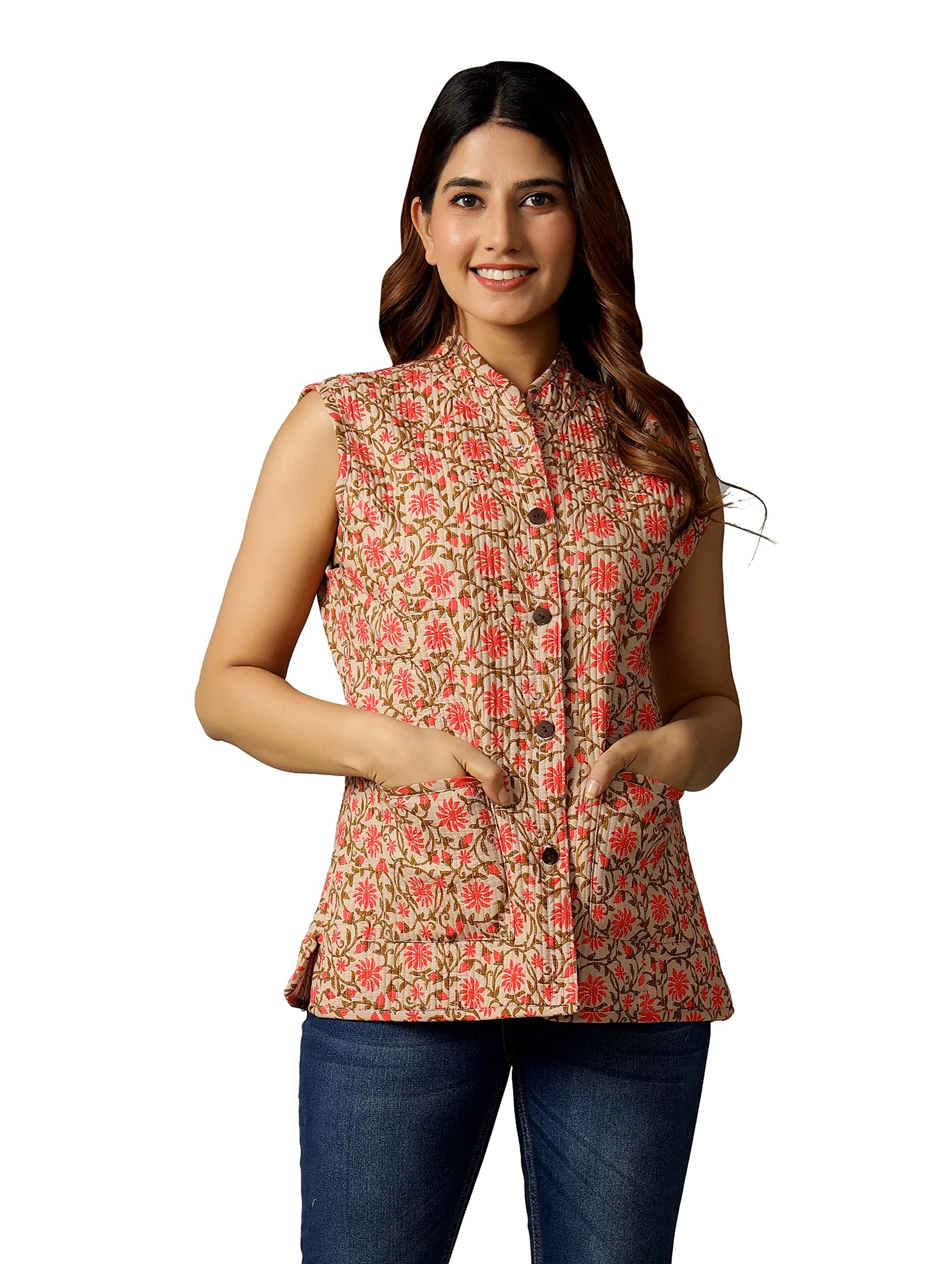 Ravaiyaa - Attitude is everythingWomen's Floral Printed Reversible Quilted Jacket Coat Blazer Jacket Sleeve Less Waistcoat