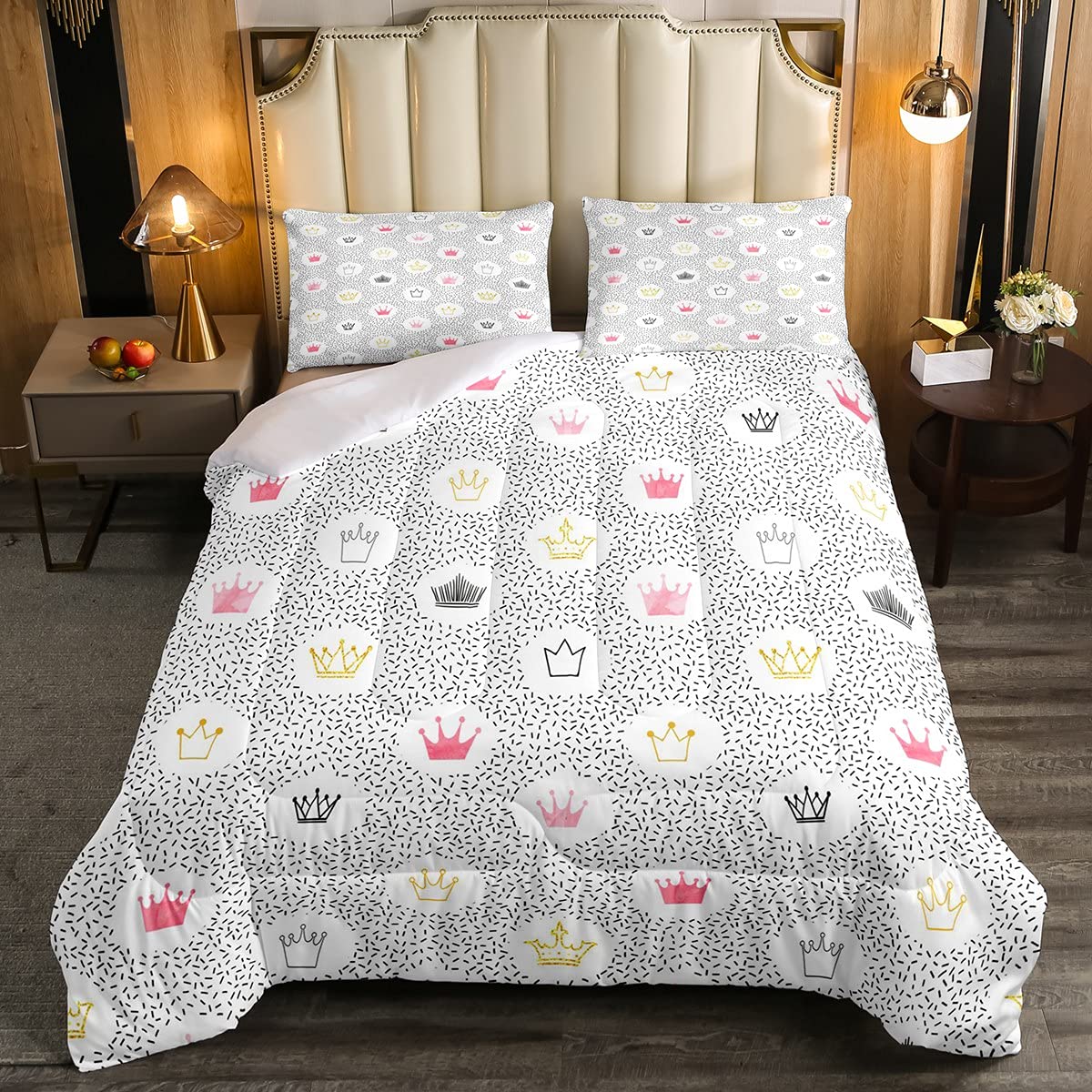 Juego de ropa de cama de princesa, para niños, niñas, con puntos geométricos, rosa, dorado, negro, plumón, habitación, 2 piezas, tamaño individual