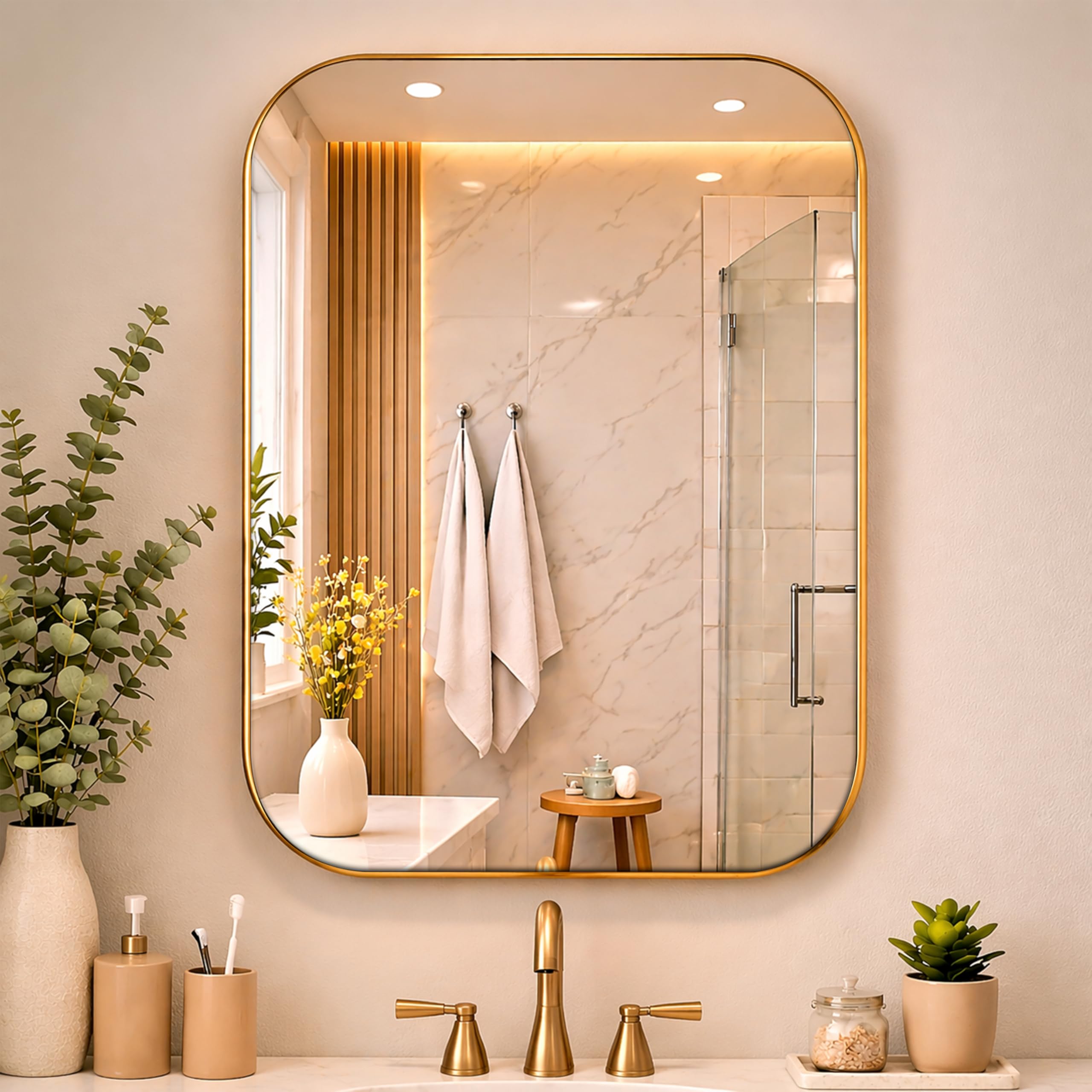 Rousrie Premium Glass Wall Mirror with Golden Frame, Big Size 24x18 Inches, for Bathroom, Living Room, Washbasin-image-28