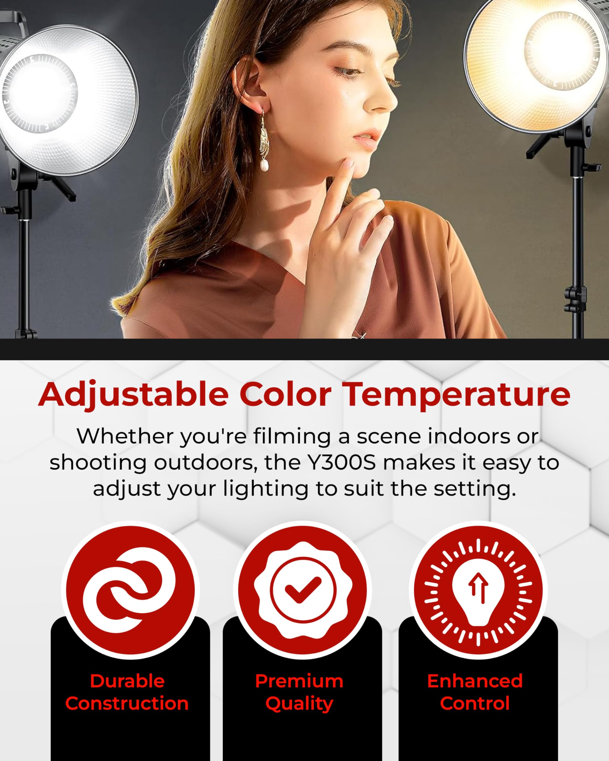 Reflex Camera Professional 300W Dimmable Bi-Color Bowens LED COB Studio Light 3200K-5600K Adjustable, Portable, Warm to Daylight Adjustment, U Bracket with 360 Degree Movement Continuous Light