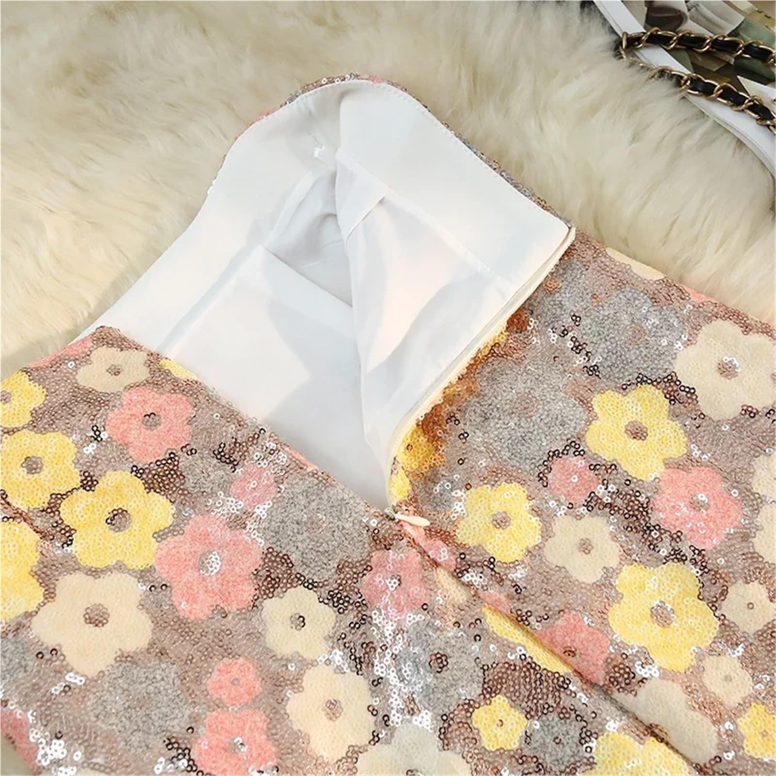 Falda Midi con Lentejuelas y Flores, Cintura Alta, Bordada, Floral, Corte A, Ropa de Verano for Mujer
