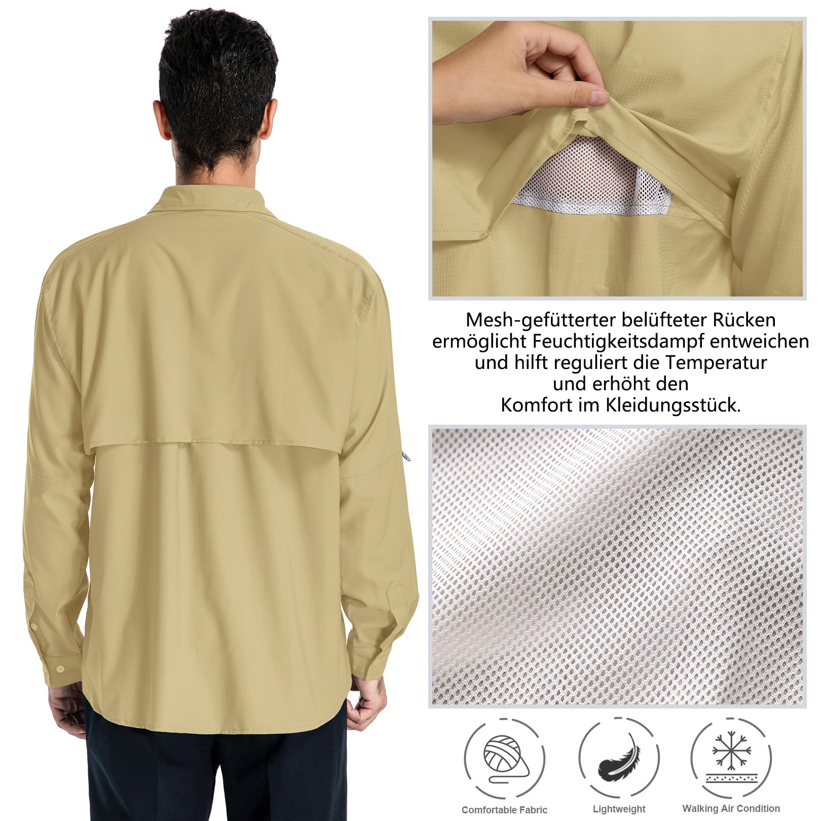 yeyity Camicia da uomo a maniche lunghe UPF50+, protezione UV Safari, traspirante, per il tempo libero, ad asciugatura rapida, funzionale, per escursioni, pesca, trekking