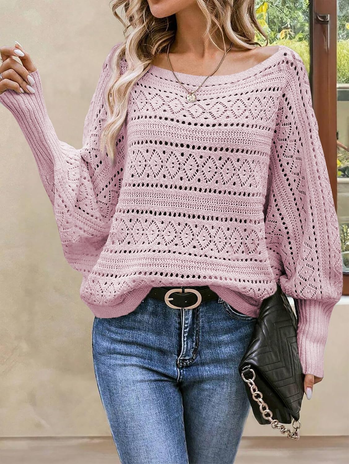 Cakulo Womens Off Shoulder Sweater Top Fall Outfits Fashion 2025 Oversized Knit Batwing Long Sleeve Crochet Pullover Sweaters