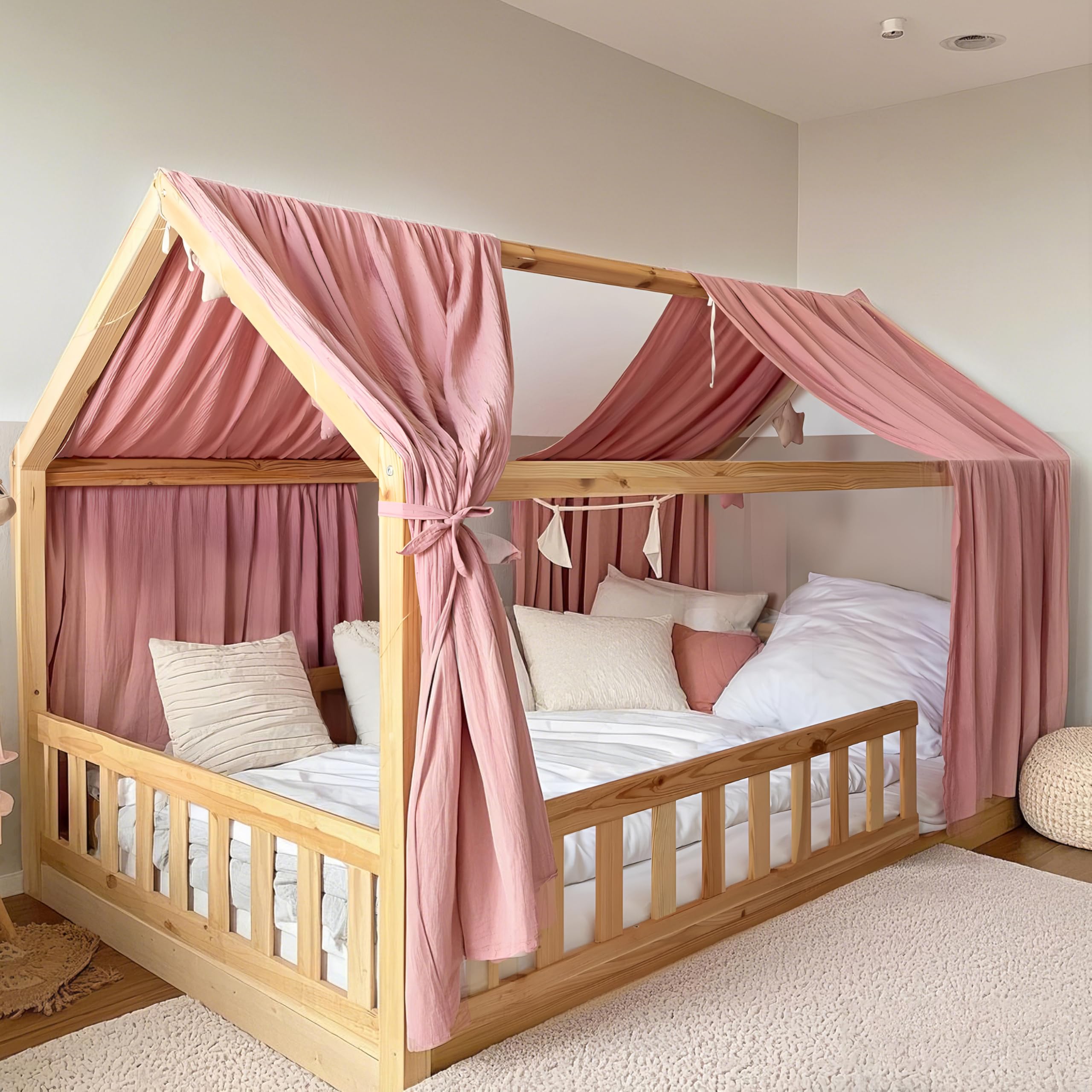 FloraVigo House Bed Canopy, 2 Pieces, Handmade from 100% Cotton Muslin, Fabric Canopy for House Bed Decoration, for Girls and Boys (65 x 126 mm, Dusky Pink) — image 1