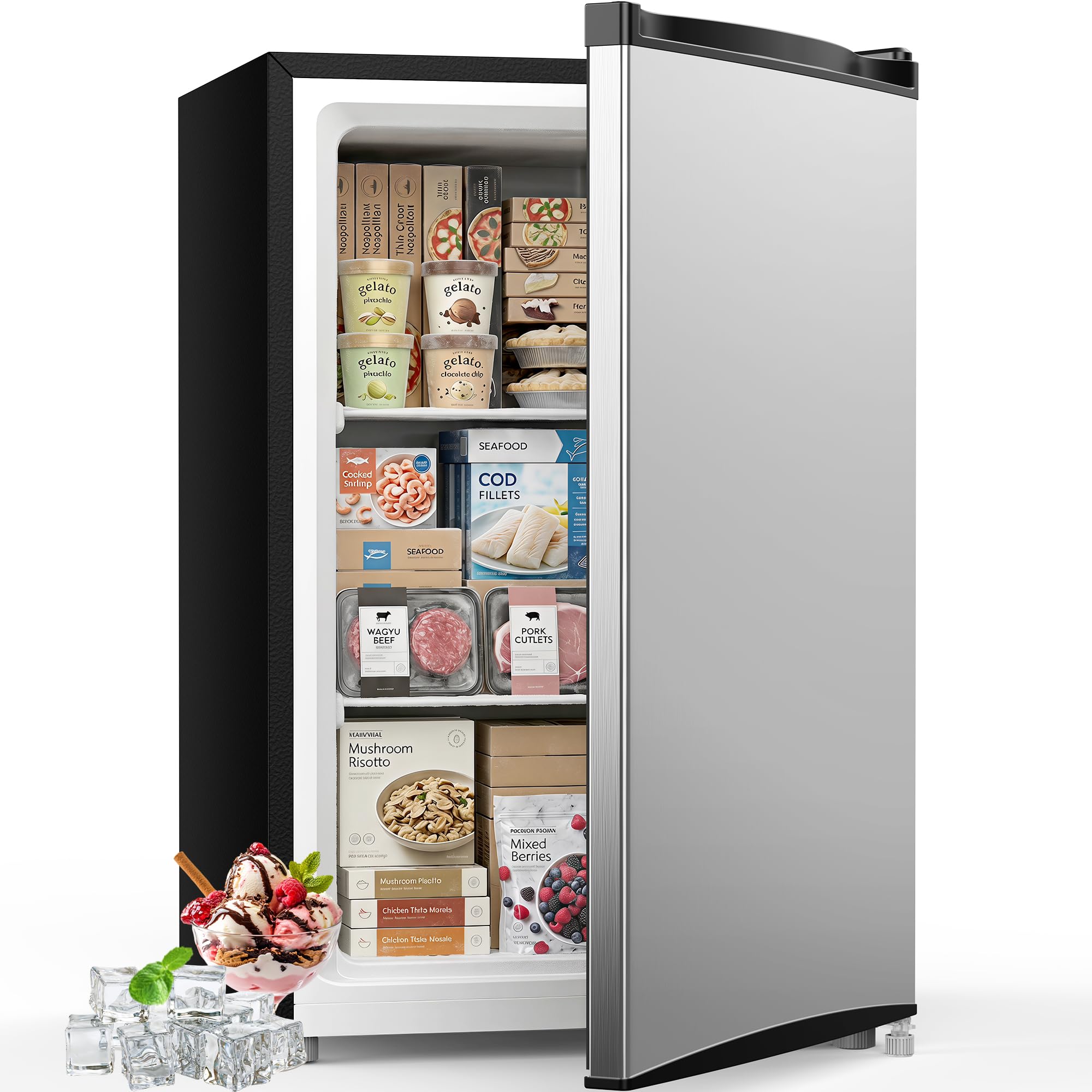 Feelfunn 3.0 Cu.ft Mini Freezer, Small Upright Freezer, Stainless Steel