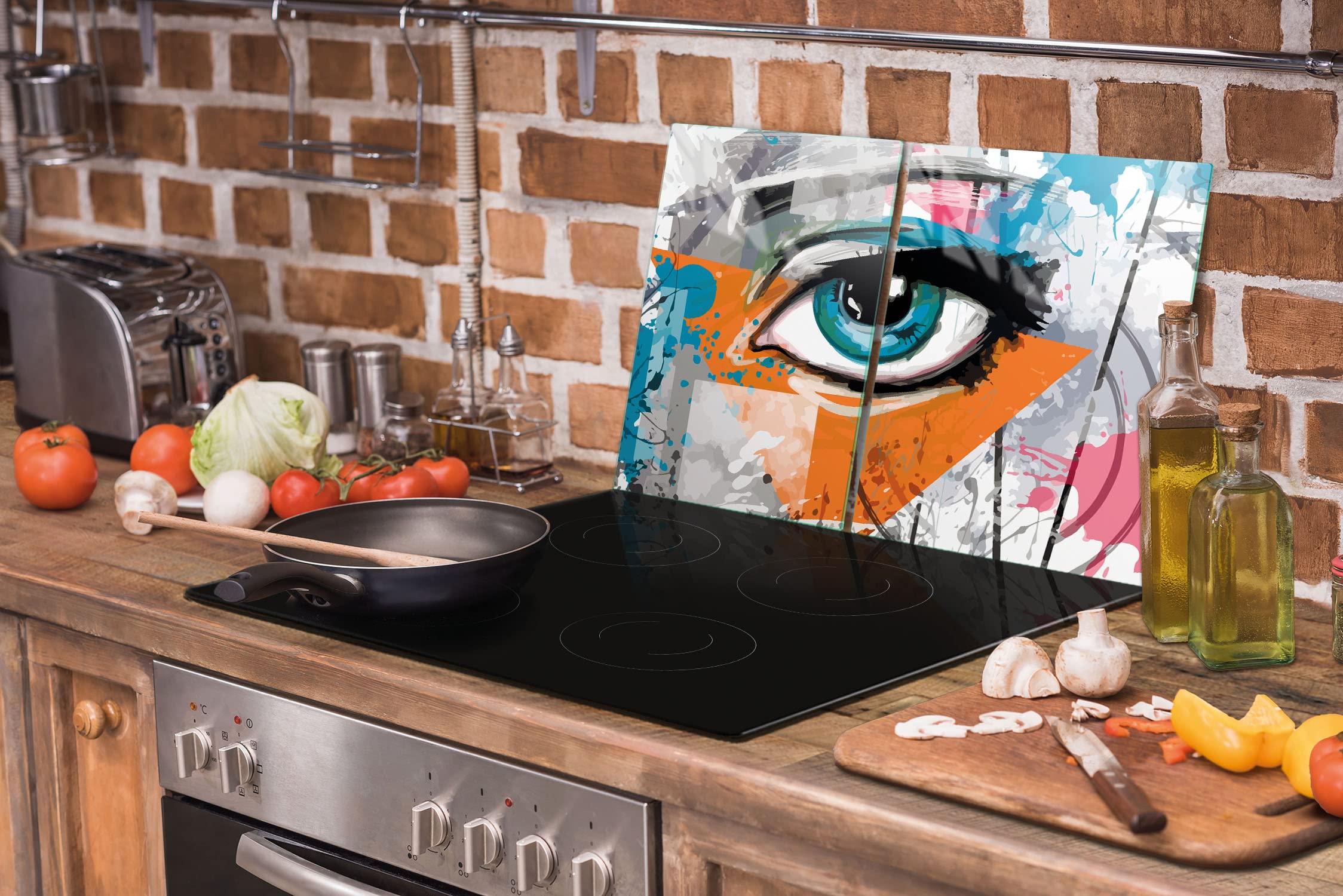 Herdabdeckplatten 2 Teilig 75x52 cm Ceranfeldabdeckung Küche Elektroherd Induktion Herdschutz Spritzschutz Glasplatte Schneidebrett, Auge Stück