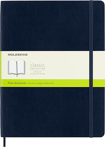 Moleskine - Cuaderno clásico, tapa blanda, tamaño XL (7.5 x 9.5pulgadas), lisoen blanco, azul zafiro, 192 páginas