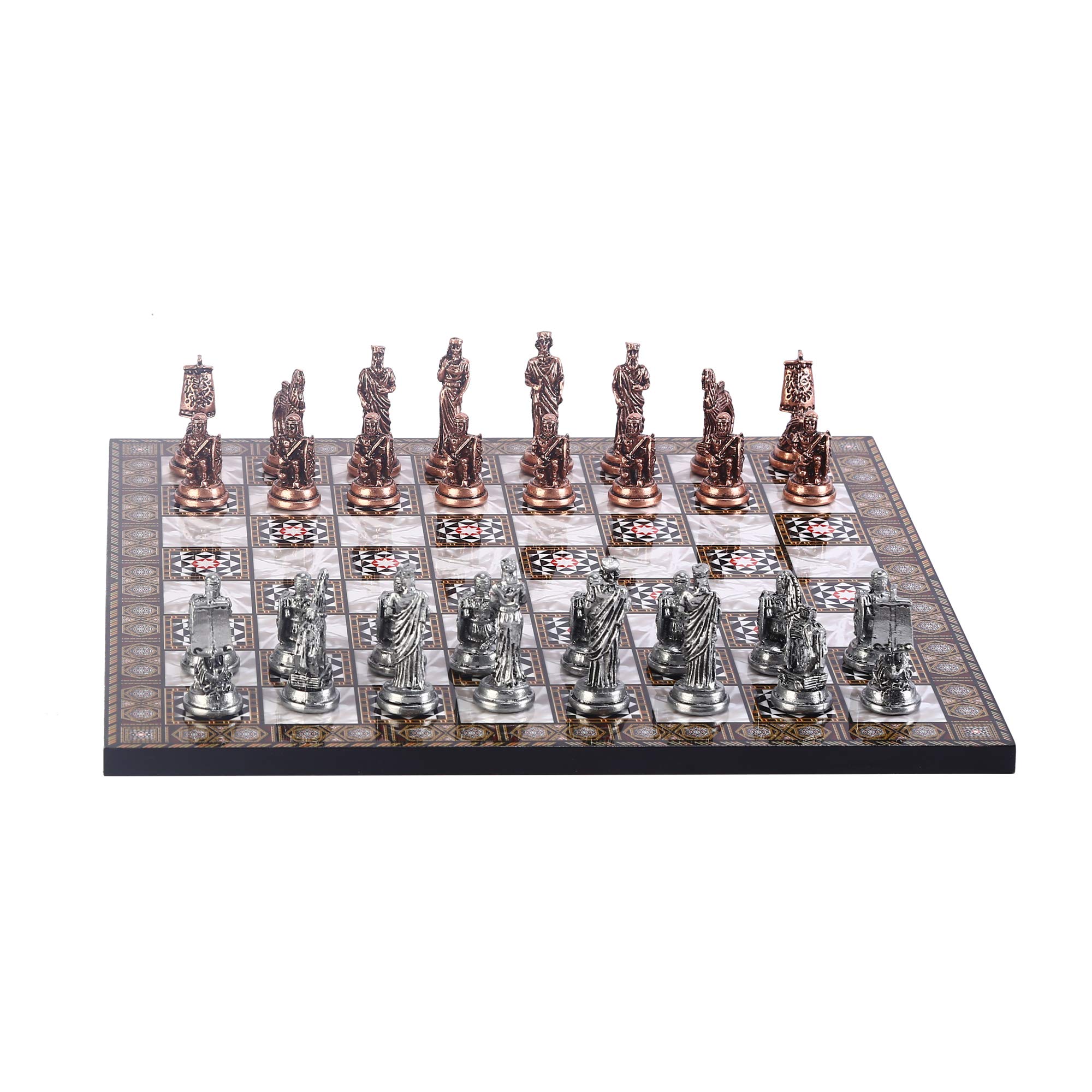 Jeu d'échecs historiques en cuivre antique pour adulte, pièces faites à la main et échiquier en bois nacré de mère King 2,65 inc