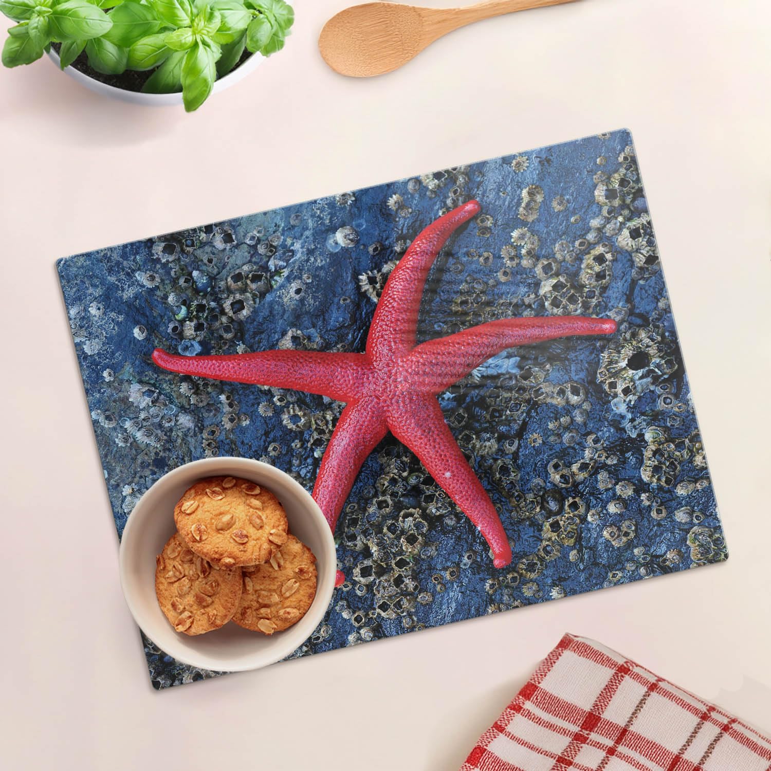 Multifunzione: Tagliere in vetro e coperchio 40x30 cm Stella marina rossa