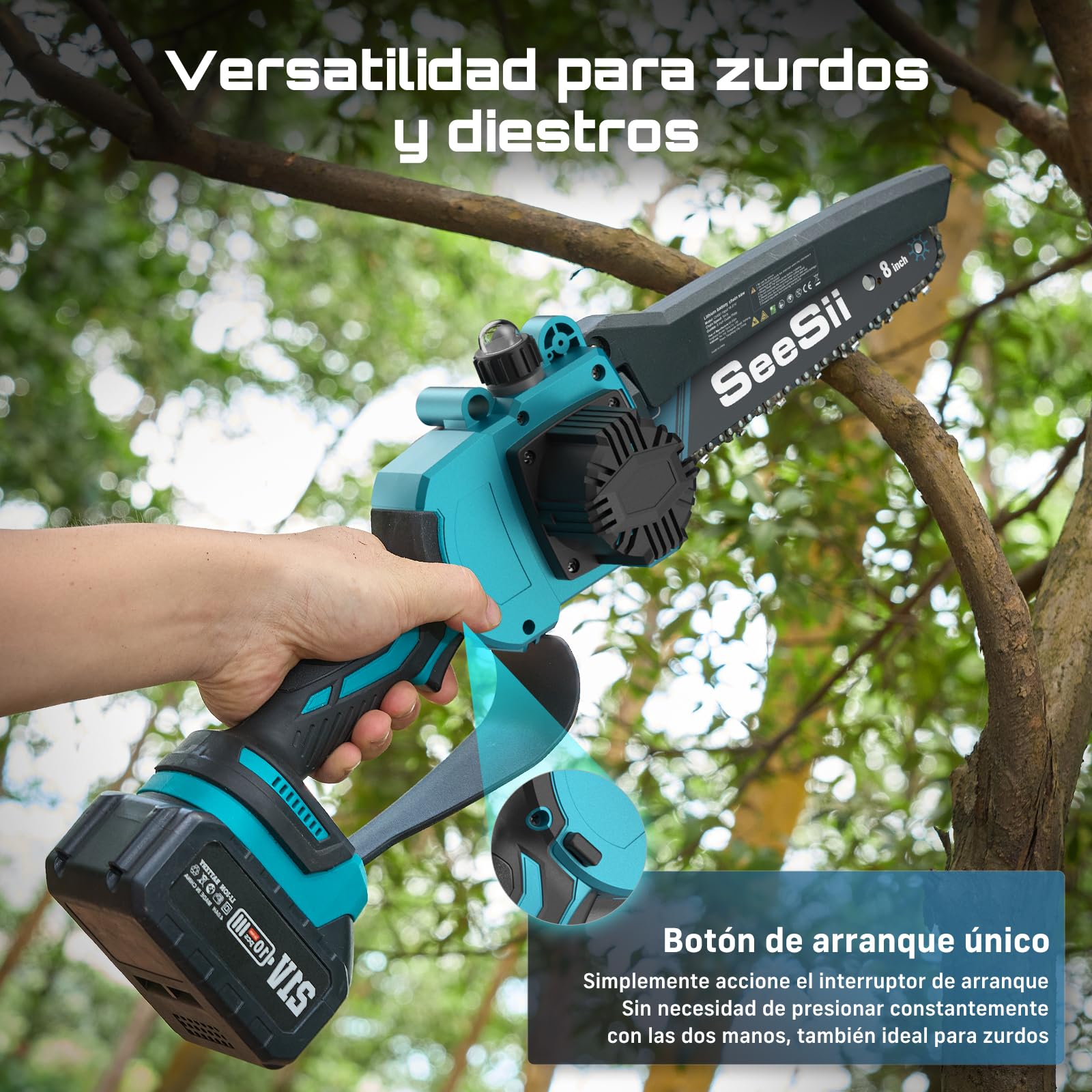 SEESII PS810 Mini Motosierra & Podadora Electrica Bateria, 2 en 1 Sierra de Podar Telescópica con 2 x 4000 mAh Baterías, Hasta 4,87 m de Altura, Podar Arboles para Árboles y Jardin
