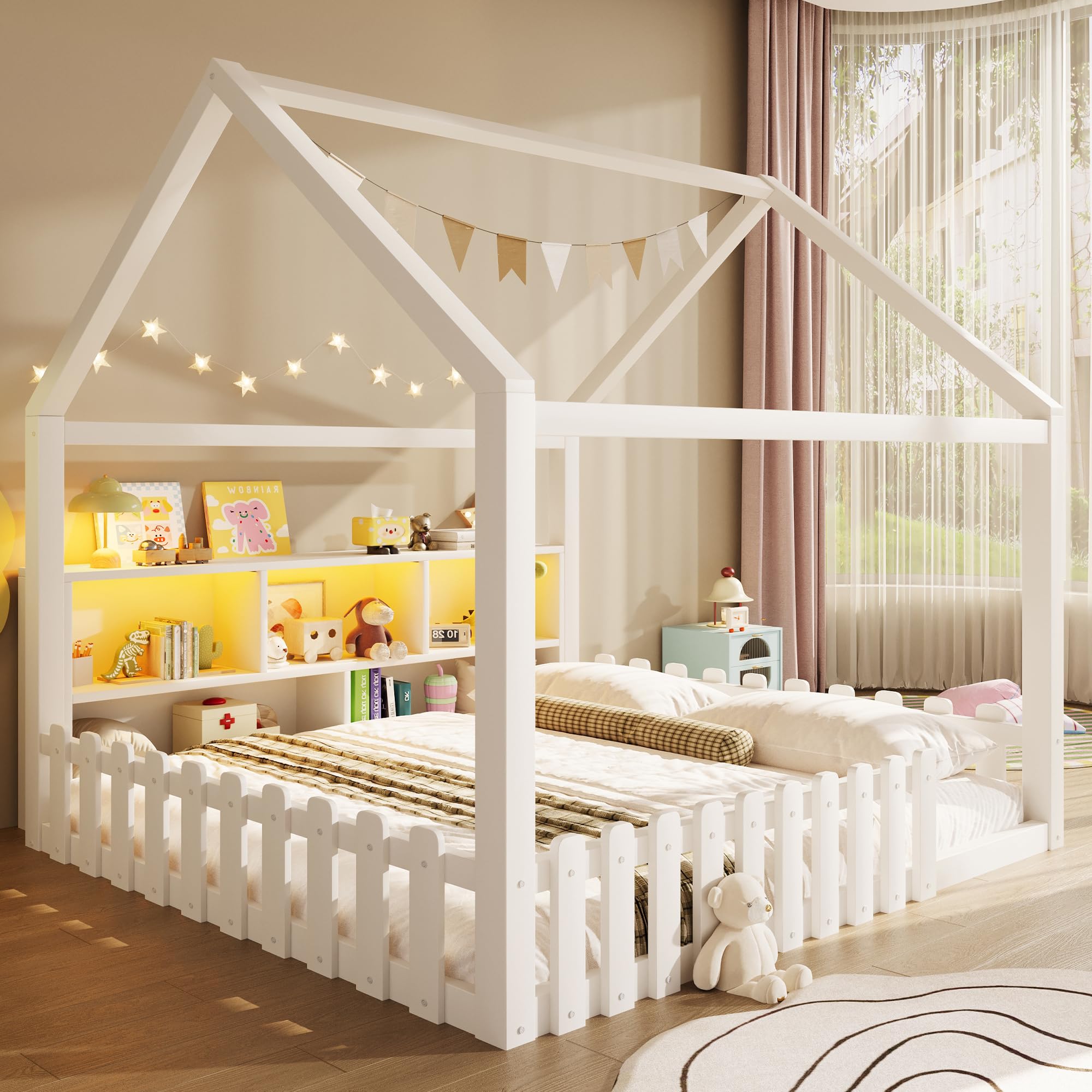 Cama infantil de 140 x 190 cm, con tira de luces LED, compartimentos de almacenamiento abiertos, listón de casa, cama de suelo Montessori con protección contra caídas y somier, cama de madera para