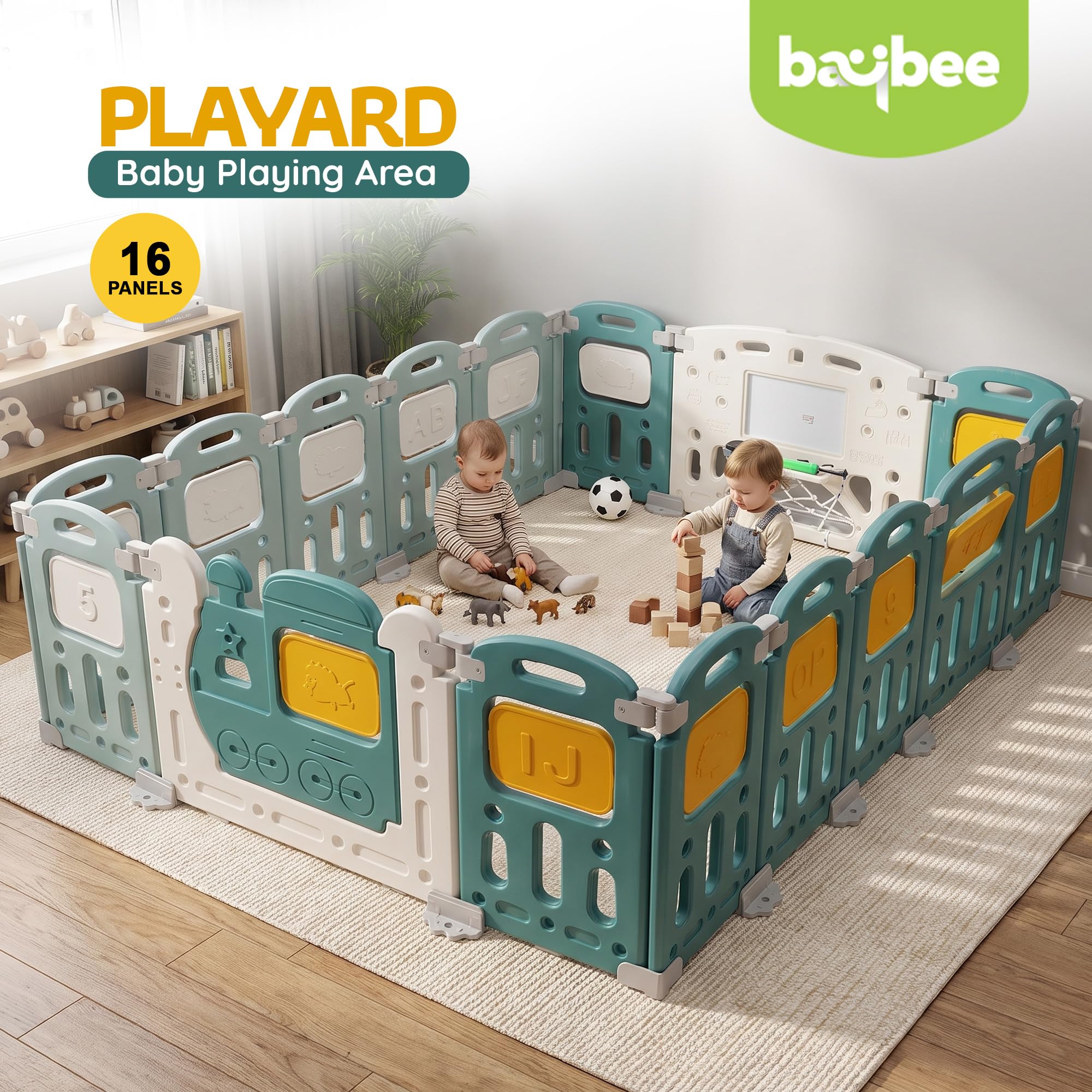 Baybee Train Kids Playpen for Babies | Foldable Baby Play Area Indoor Setup with Safety Lock, Writing Board & Double Knob | Portable Baby Activity Playards for Toddlers | Outdoor Play Pen for Kids for 0-5 Years (16 Panels) 1