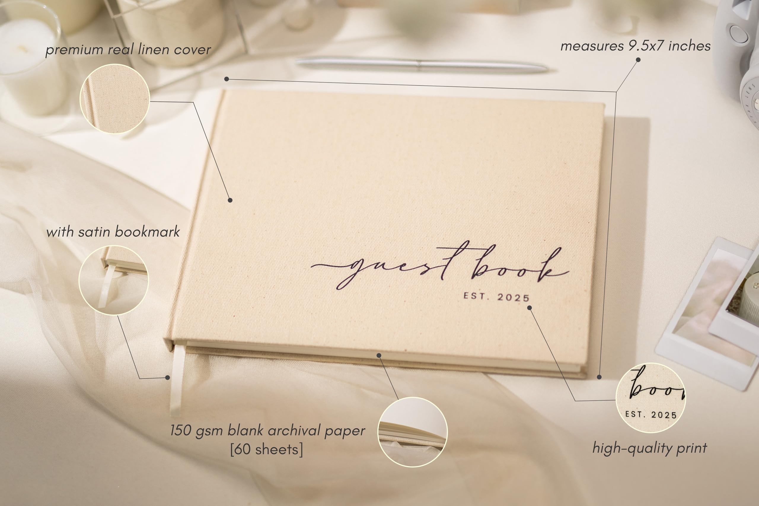 Gästebuch (2025), 24,1 x 17,8 cm, echtes Leinen, Hardcover, Gästebuch für Hochzeitszeremonie, Empfang, Unterschrift, Tischdekoration, 140 g/m², blanko, Archivpapier ohne Linien, 120 Seiten, kleine
