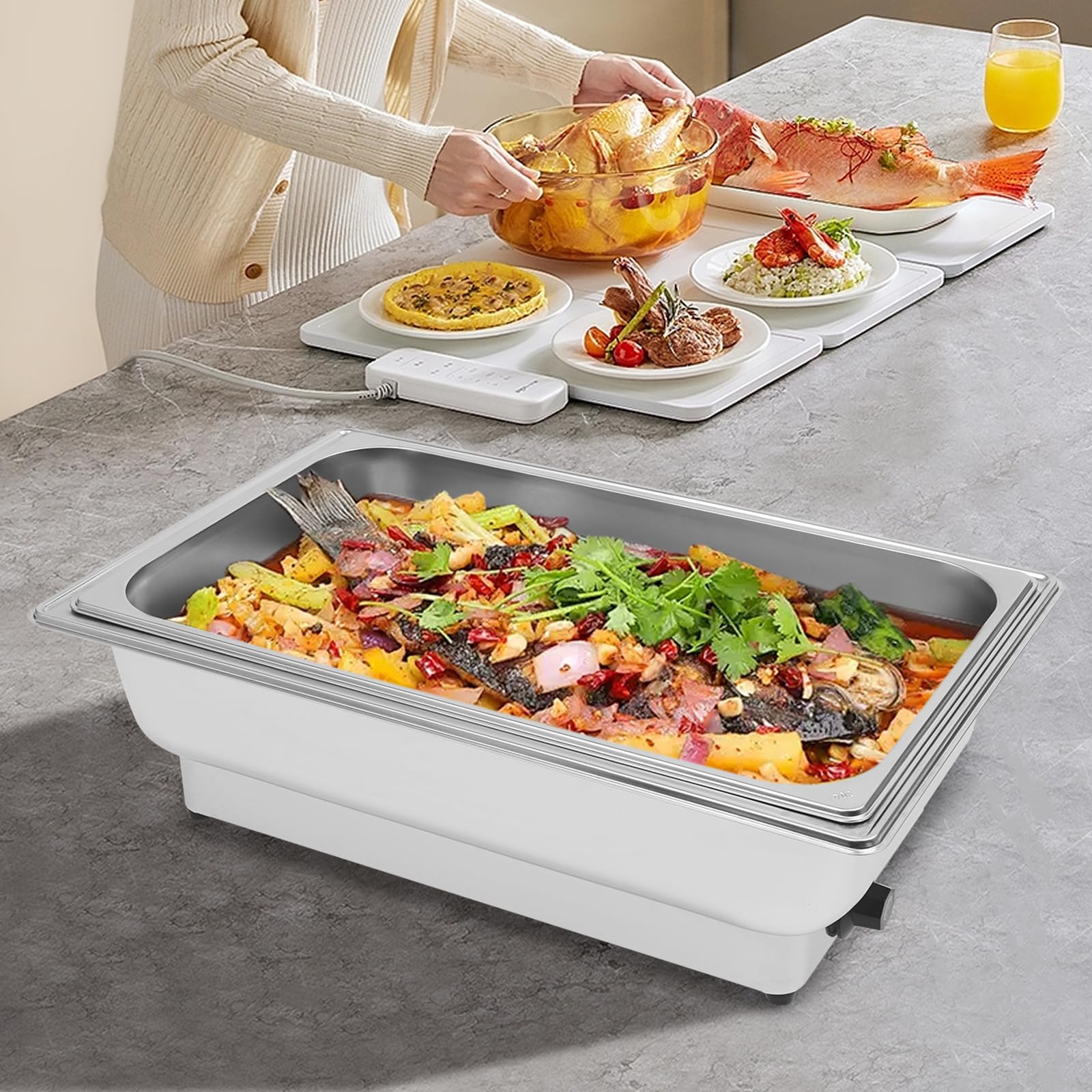 Chafing Dish, scaldavivande elettrico, in acciaio inox, 13,5 l, 600 W, con regolatore di temperatura, per catering, hotel, feste di famiglia