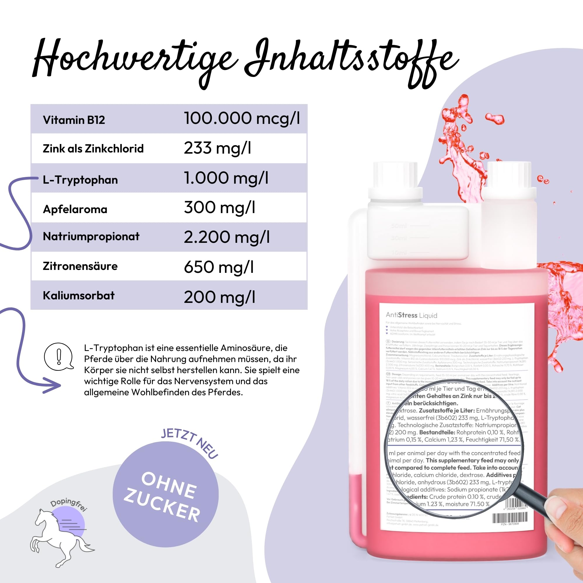 PHA Liquide Anti-Stress pour Chevaux - Soutien Naturel en Cas de nervosité, d'anxiété et de Stress - avec Vitamine B12, magnésium, Calcium, Zinc et tryptophane - 1 l