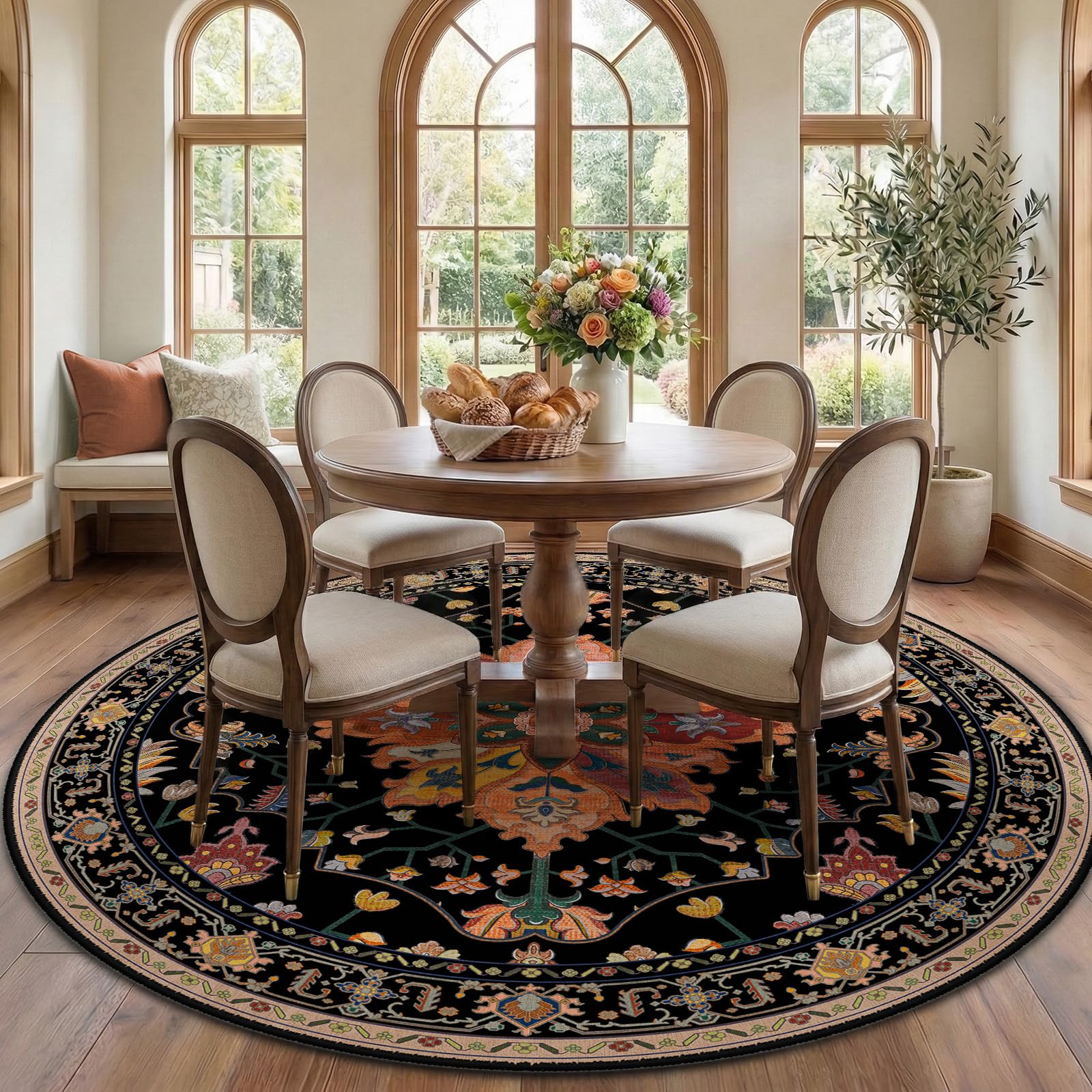 Photo 1 of RELEANY Washable Round Area Rug, 7ft, Black/Colorful