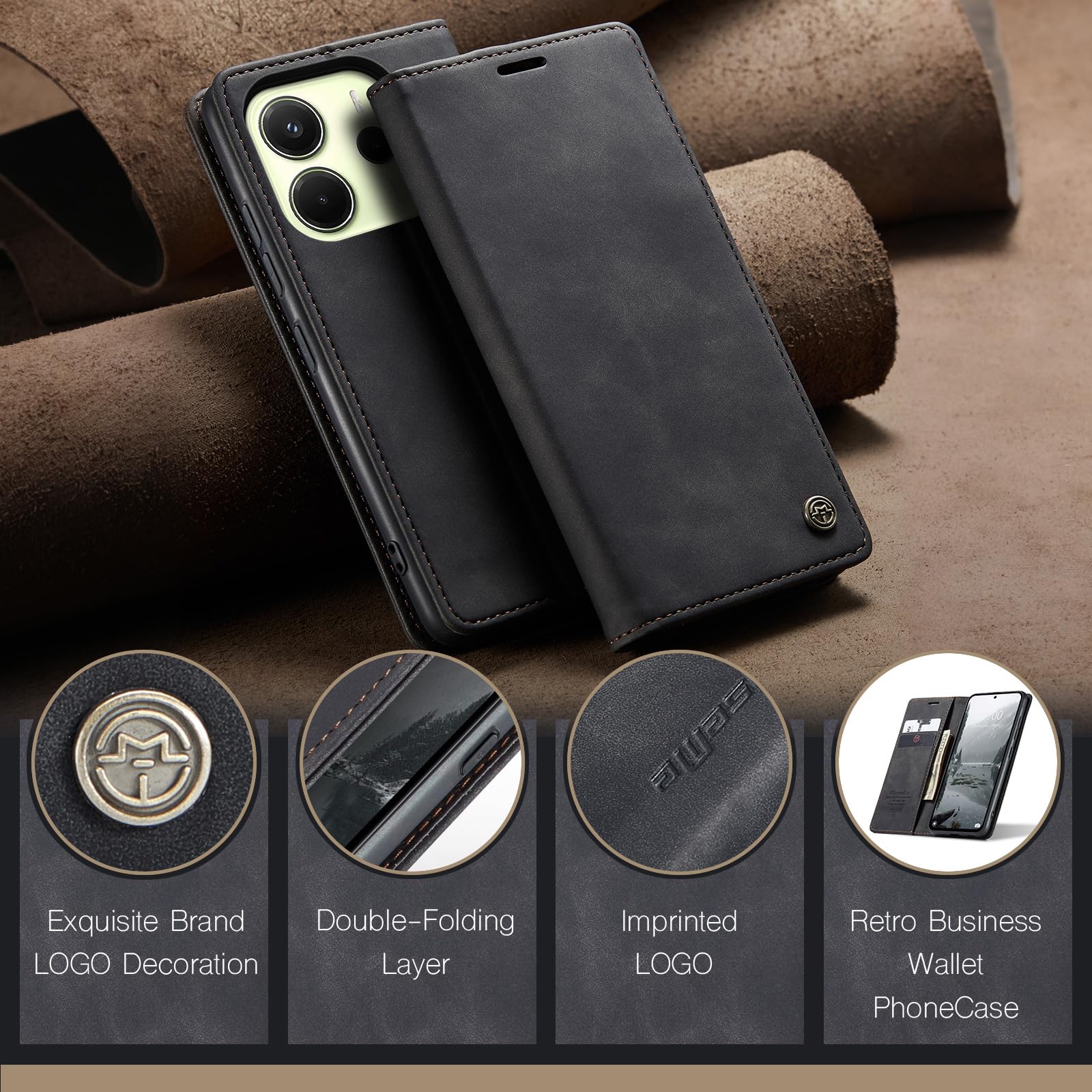 Étui Portefeuille PEIYE Pour Xiaomi Redmi Note 14 Pro 4G – Cuir Synthétique Gaufré – 3 Emplacements Cartes + Compartiment Billets – Support Intégré