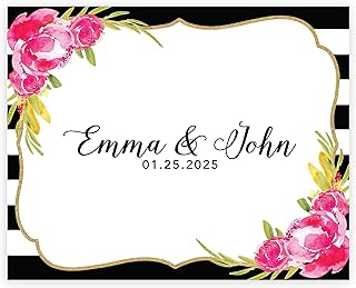 Andaz Press Custom Large Wedding Canvas Guestbook Alternative, 16 x 20 Inches, Modern Pink Floral Black White Stripes, Horizontal, Personalized Sign Our Canvas, Welcome Sign for Floral Theme Events