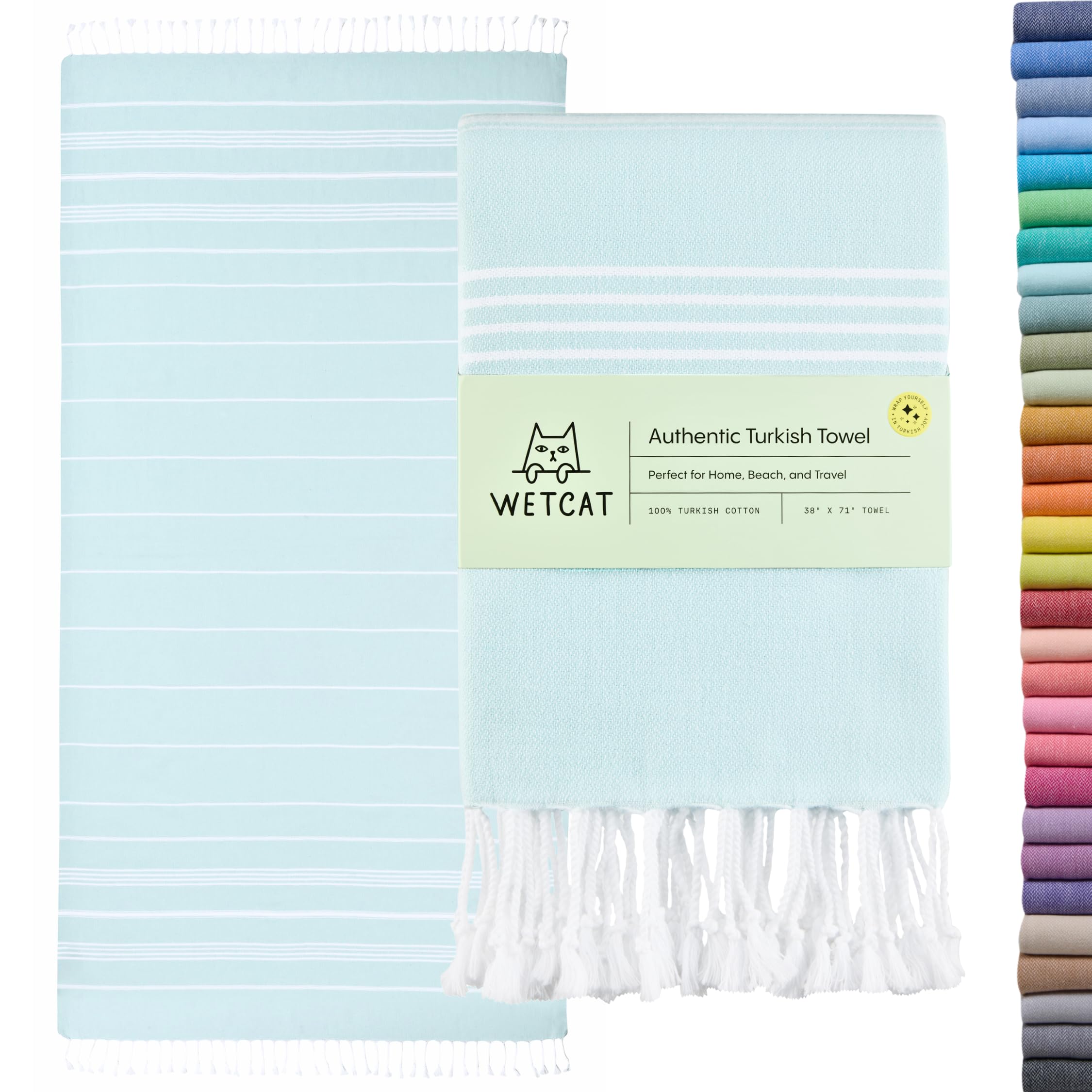 WETCAT Turkish Beach Towel Oversized (38"x71") 100% Turkish Cotton, Made in Turkey - Sand Free, Extra Large, Ultra Soft, Quick Drying, Compact & Lightweight for Travel - Aqua