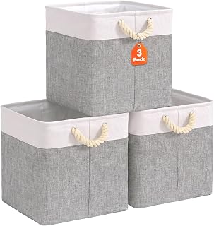 Livole 13x13 Cube Storage Bins Fabric Storage Bins with Rope Handles | 3 Pack, Collapsible, Large Foldable Storage Cubes for Closet Shelves Home Office Living Room (Grey)