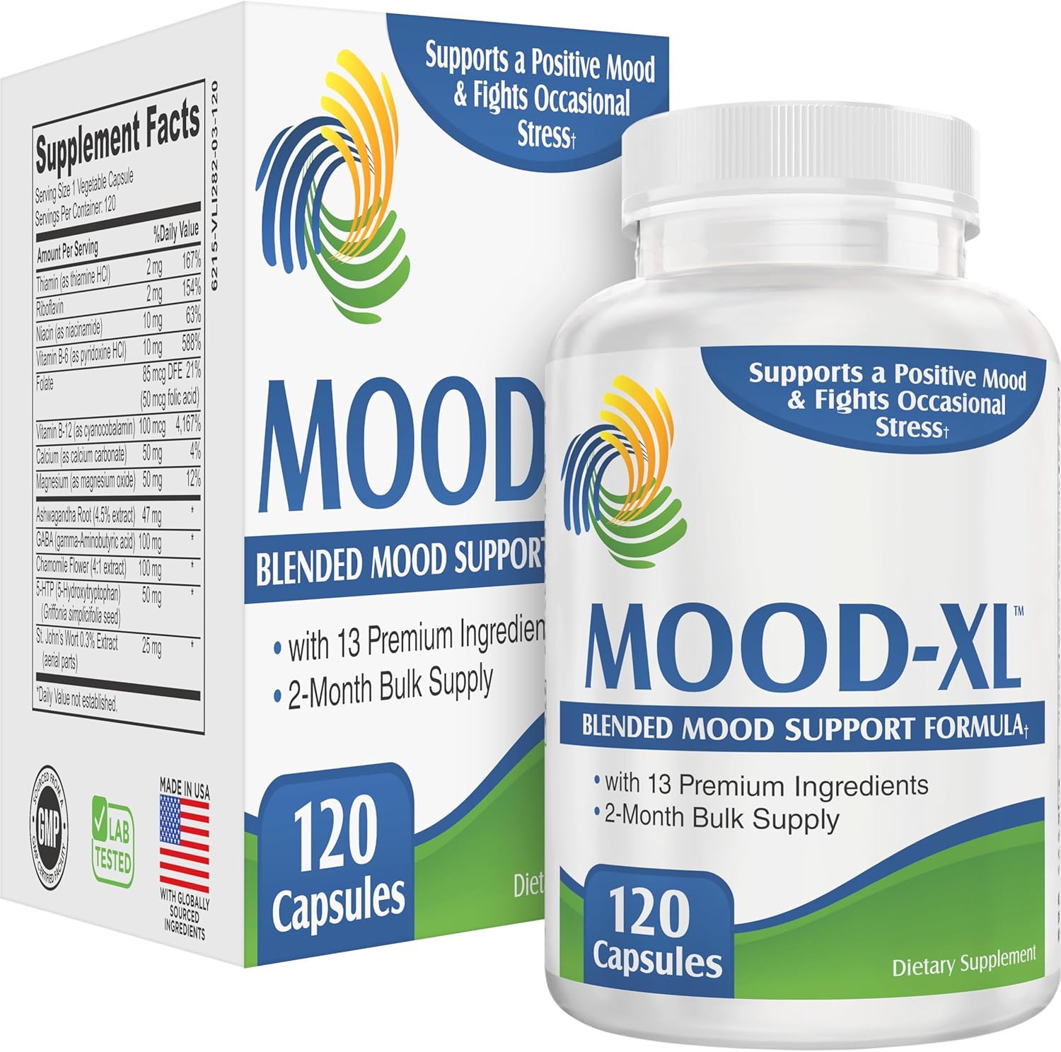 2-Month Mood Support Supplement (Mood-XL) | 13-Ingredient Calm & Balance Formula with 5-HTP, Ashwagandha, GABA & B-Vitamins | Mood Supplements | 60-Day Bulk Supply | 120 Capsules