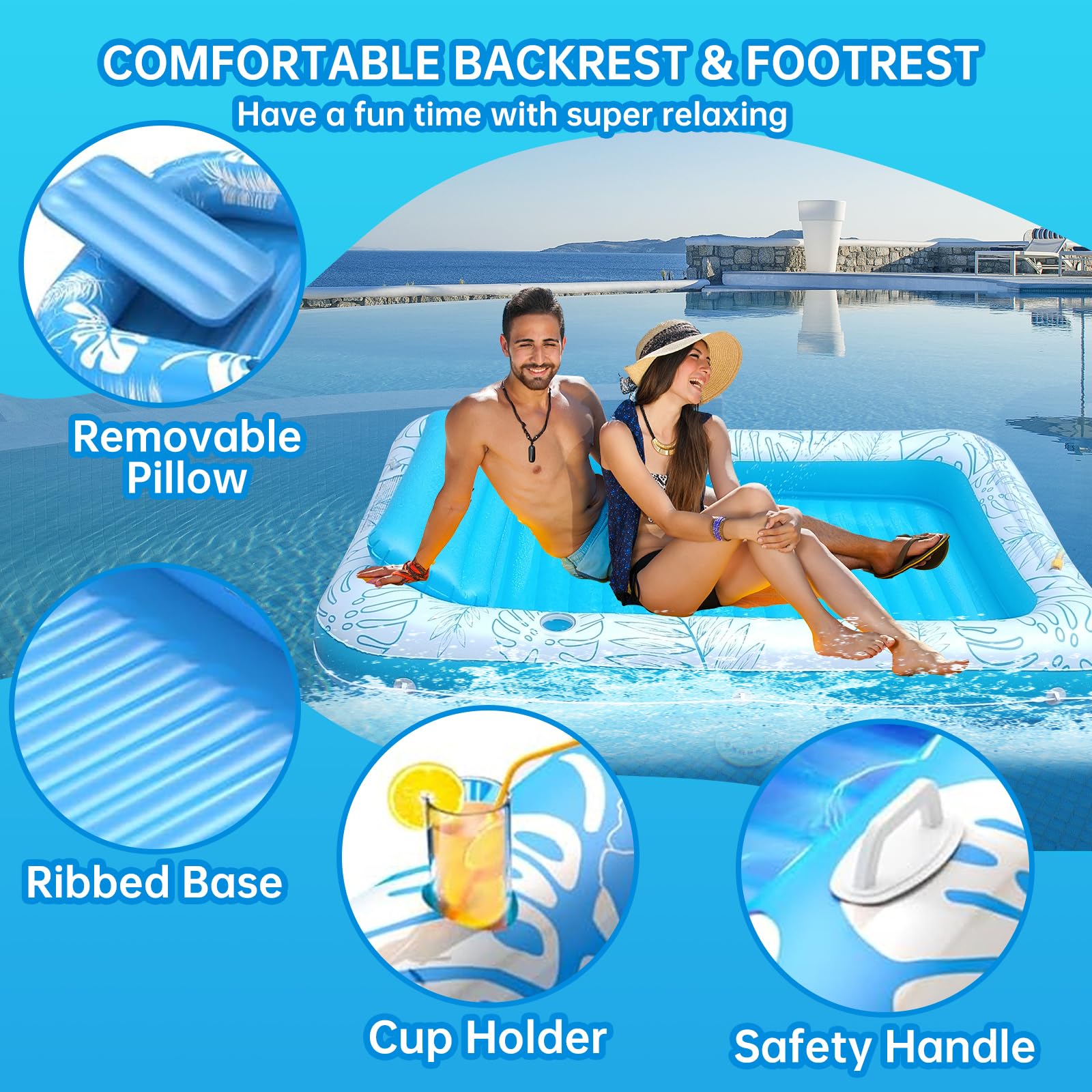 Chaise Longue Gonflable Extra Large de 215,9 x 144,8 cm avec arroseur et Porte-gobelet, Radeau de Piscine pour Adulte, pour Jardin, Plage ou lac, Rose/Bleu – PVC Durable, supporte 200 kg