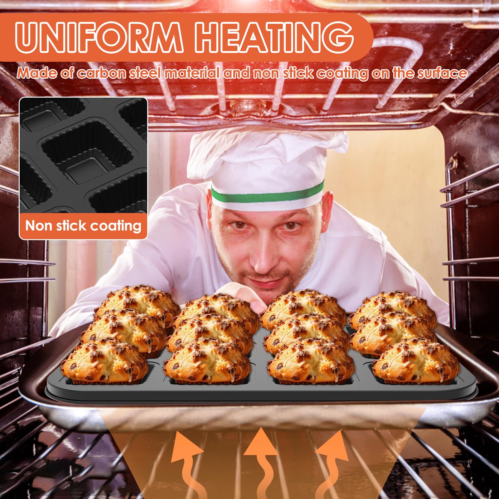 Lot de 4 moules à muffins carrés en acier au carbone anti-adhésif, 12 cavités, faciles à nettoyer, multi-usages avec bord ondulé pour la cuisson au four (noir)