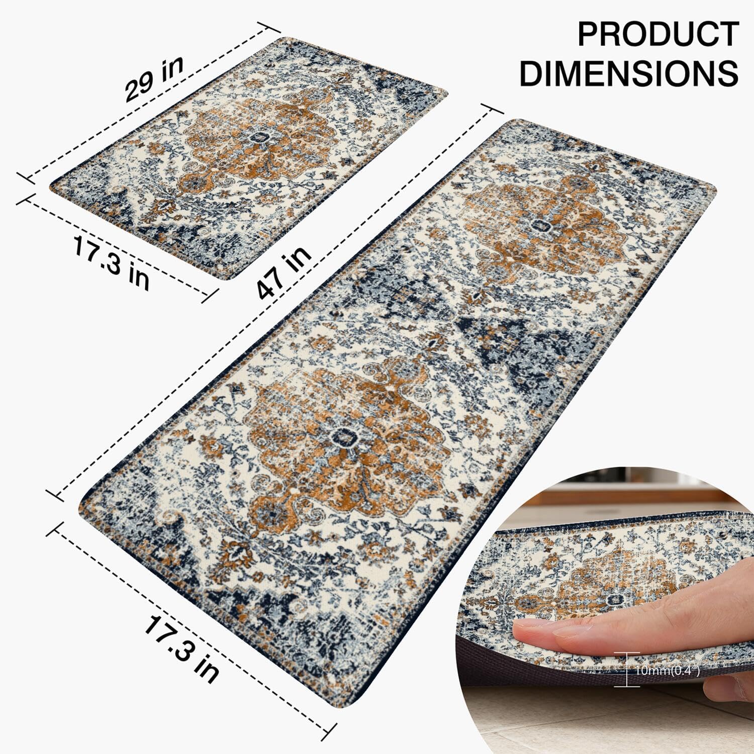 Boho Kitchen Mats for Floor 2PCs, Country Rustic Farmhouse Anti Fatigue Kitchen Rug, Non Slip Comfort Washable Waterproof Kitchen Mat, for Home, Sink, Laundry, 17.3"x47"+17.3"x29" Dark Blue + orange