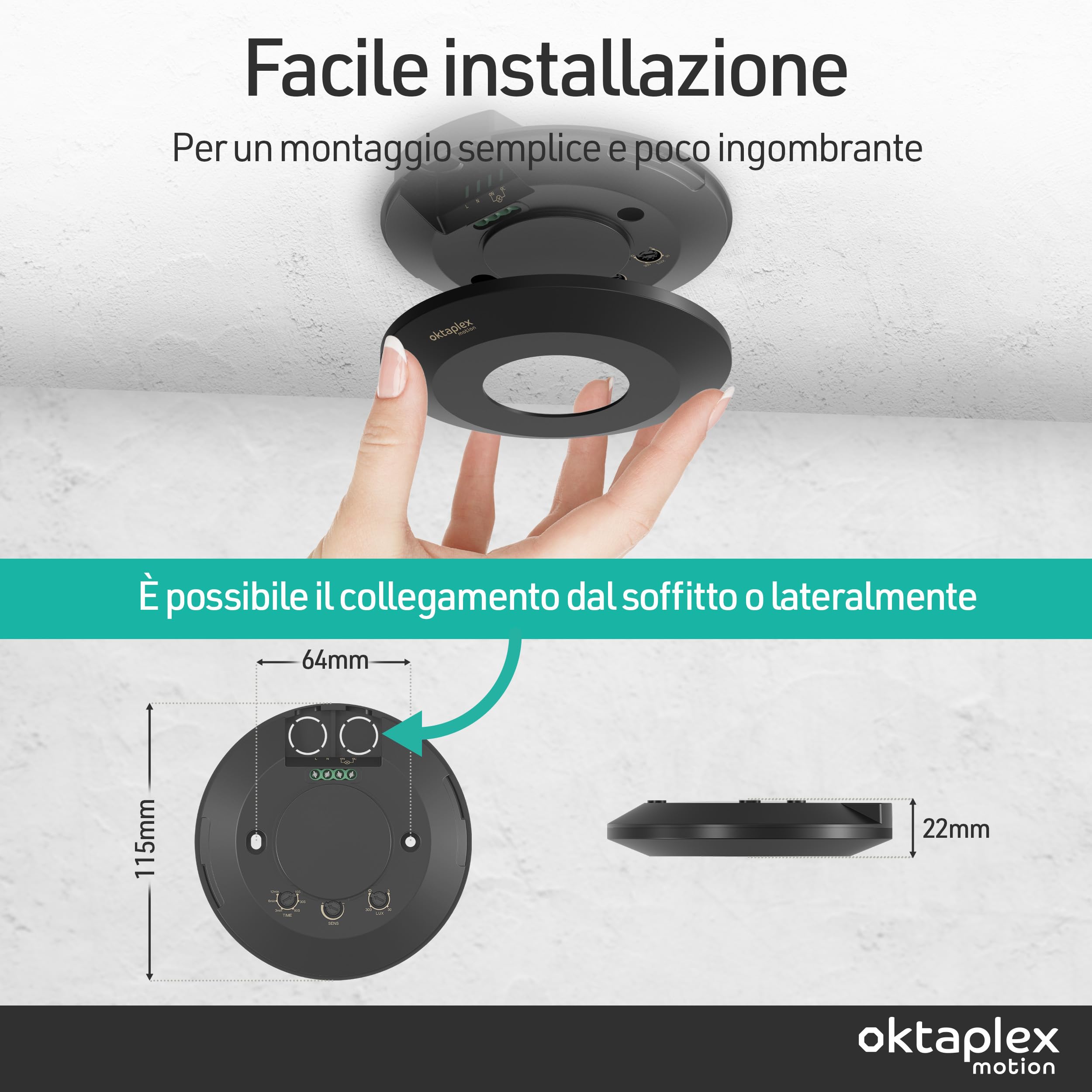 Oktaplex Isa - Set di 2 rilevatori di presenza a soffitto, ultra piatti, 22 mm, sensore radar da 24 GHz, sensore di rilevamento della presenza, sensore di movimento HF a 360°